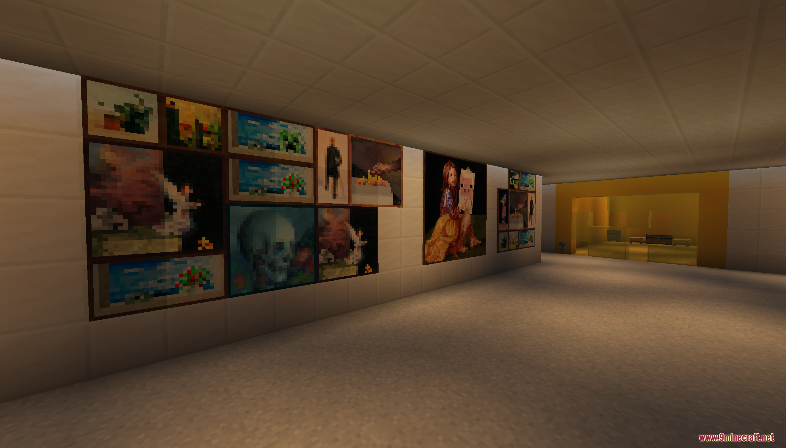 Escape from Prison Color Map Screenshot 3 A bright white hallway decorated with a large wall of Minecraft paintings