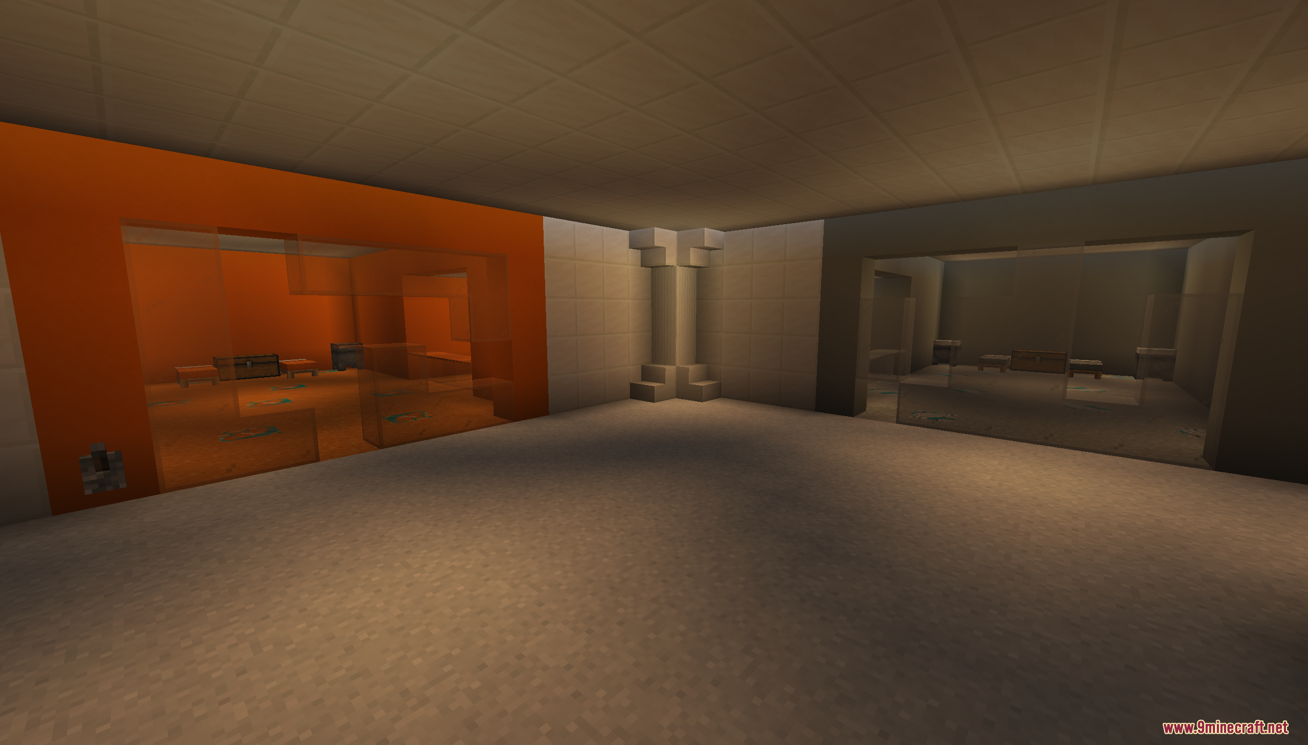 Escape from Prison Color Map Screenshot 4 Viewing two separate glass enclosed puzzle rooms with orange and grey walls