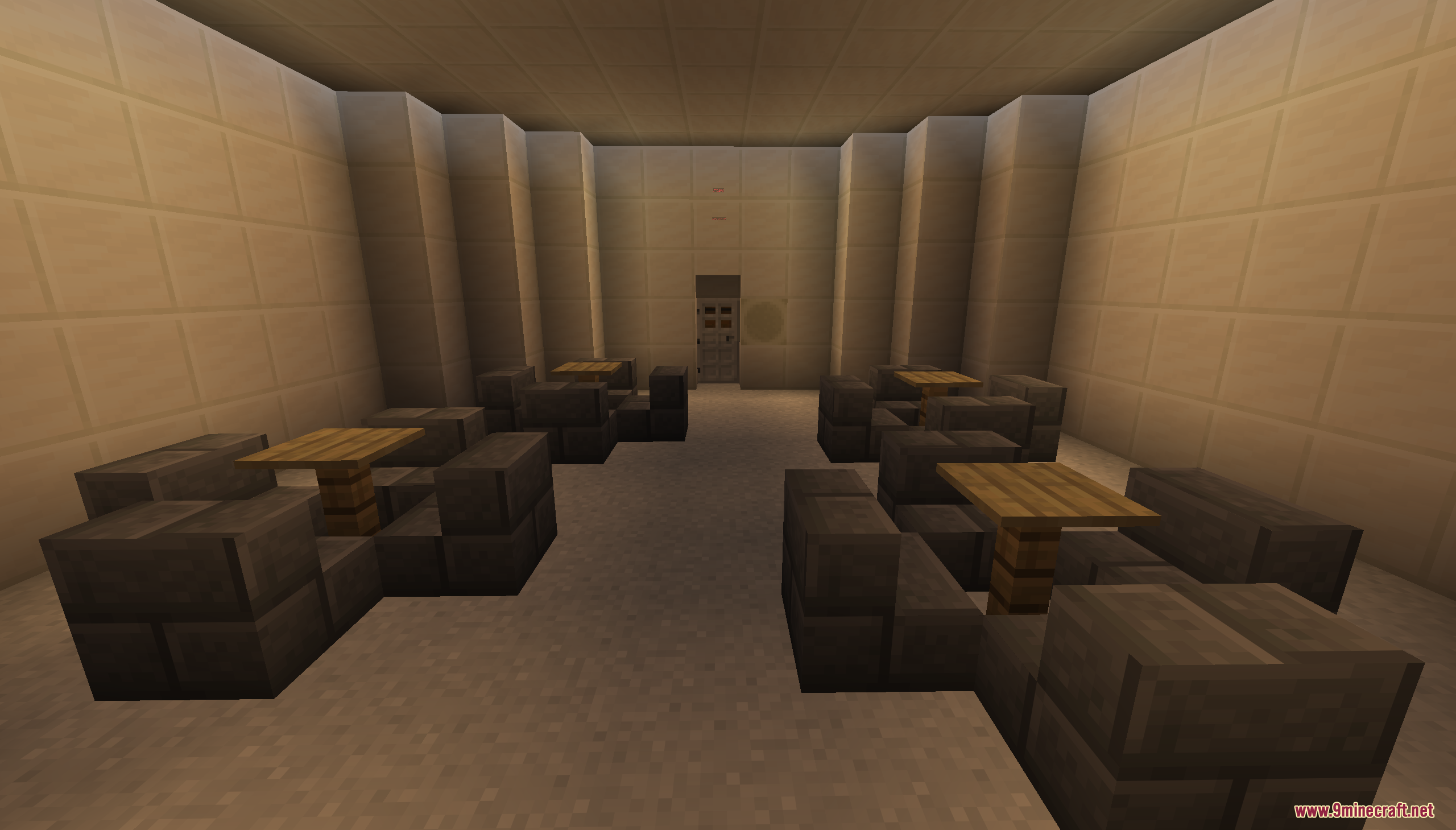 Escape from Prison Color Map Screenshot 9 Empty prison cafeteria with wooden tables and dark stone seating areas