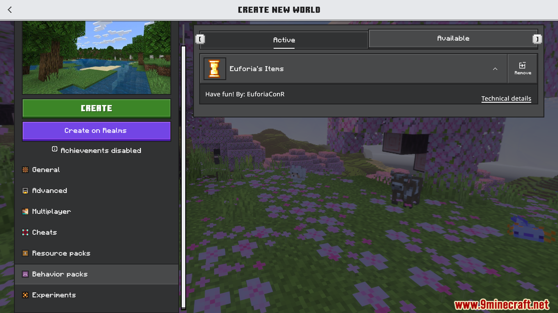 Euforias Items Addon Screenshot 1 Create New World screen showing Euforias Items behavior pack active