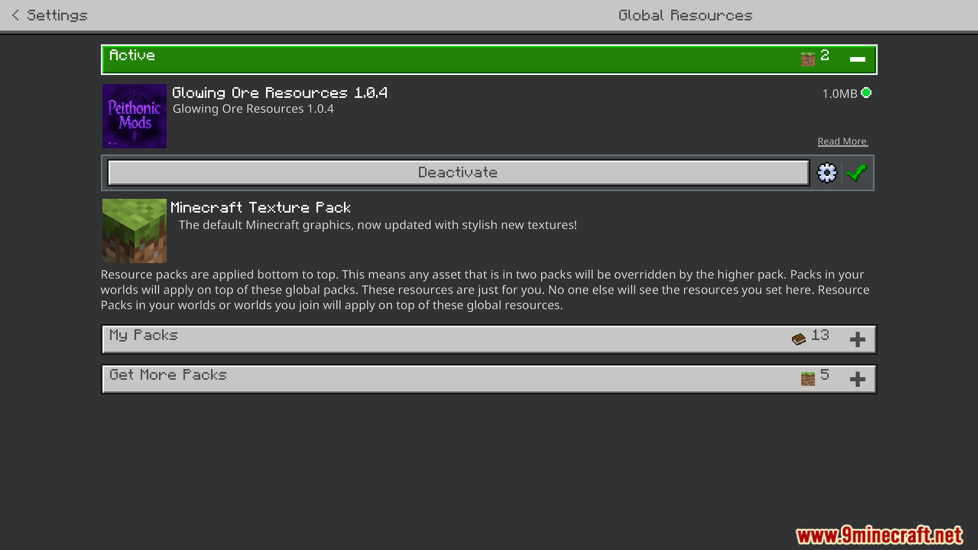 EuphrosyneLights Glowing Ores Texture Pack Screenshot 1 Settings menu showing active global resources with glowing ore pack selected