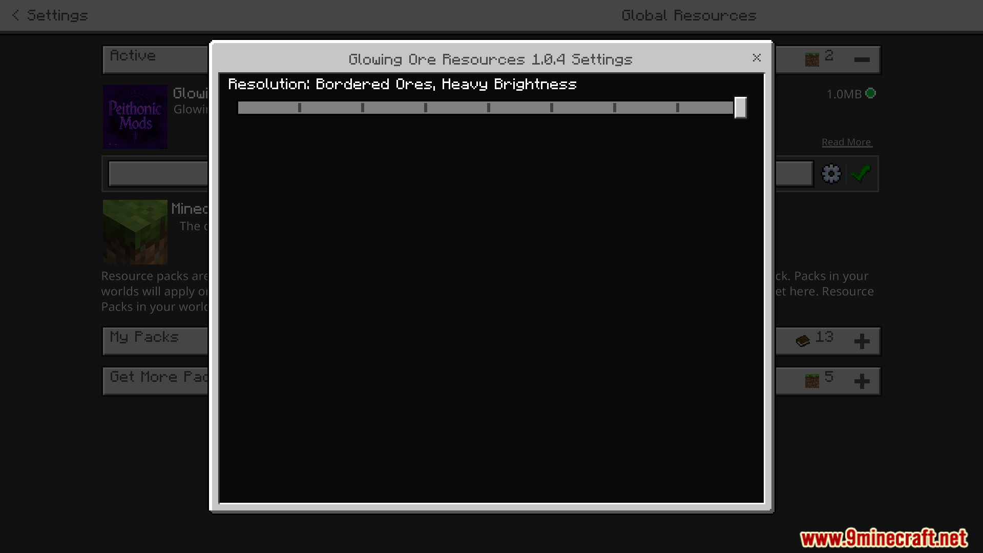 EuphrosyneLights Glowing Ores Texture Pack Screenshot 2 Settings menu showing resolution slider for glowing ore resources pack