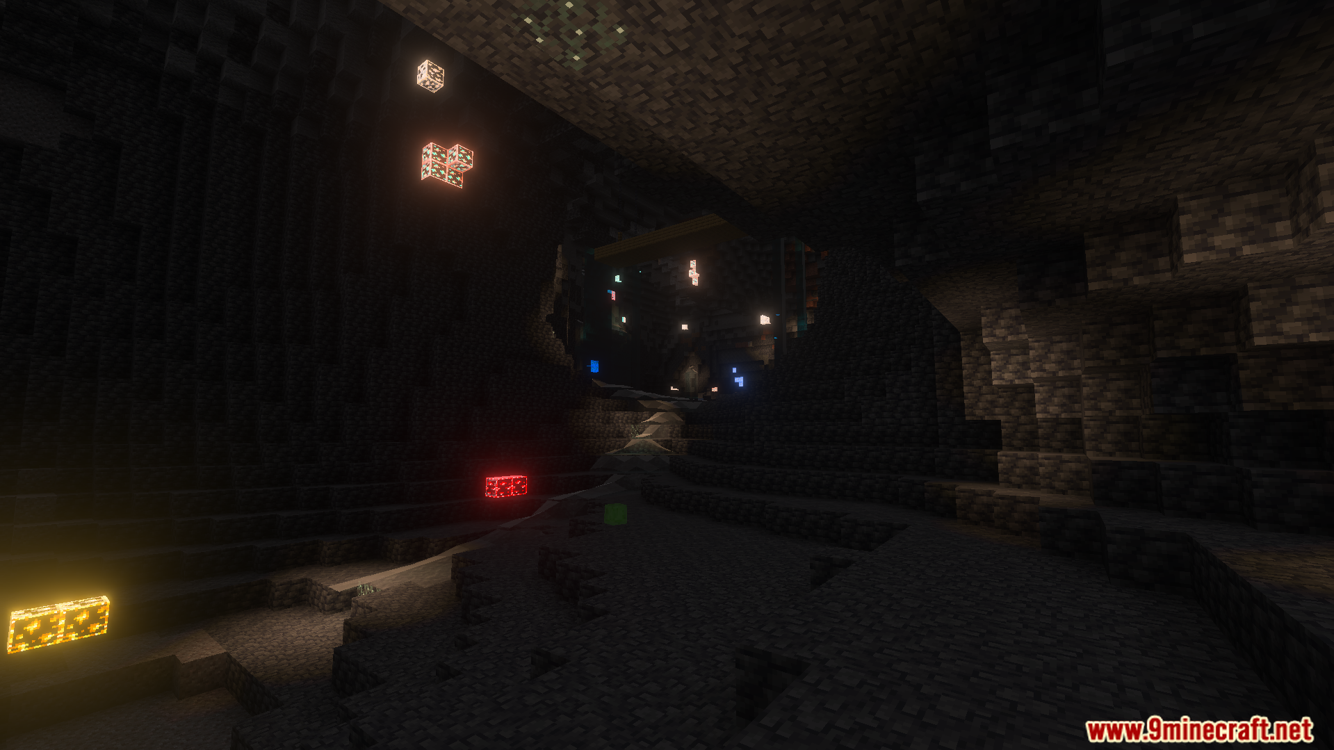 EuphrosyneLights Glowing Ores Texture Pack Screenshot 5 Glowing ores scattered in a dark cave environment