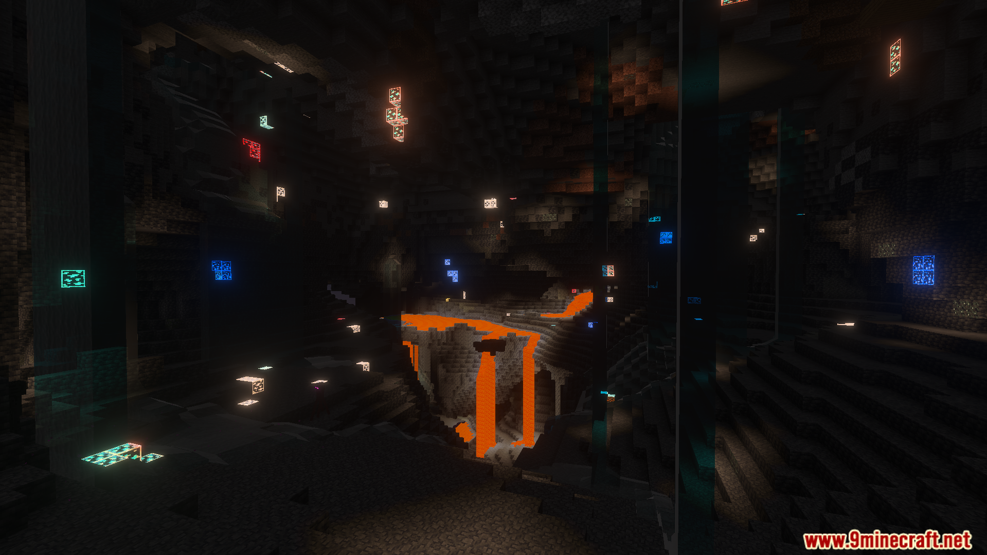 EuphrosyneLights Glowing Ores Texture Pack Screenshot 6 Lava flowing in a cave with glowing ores