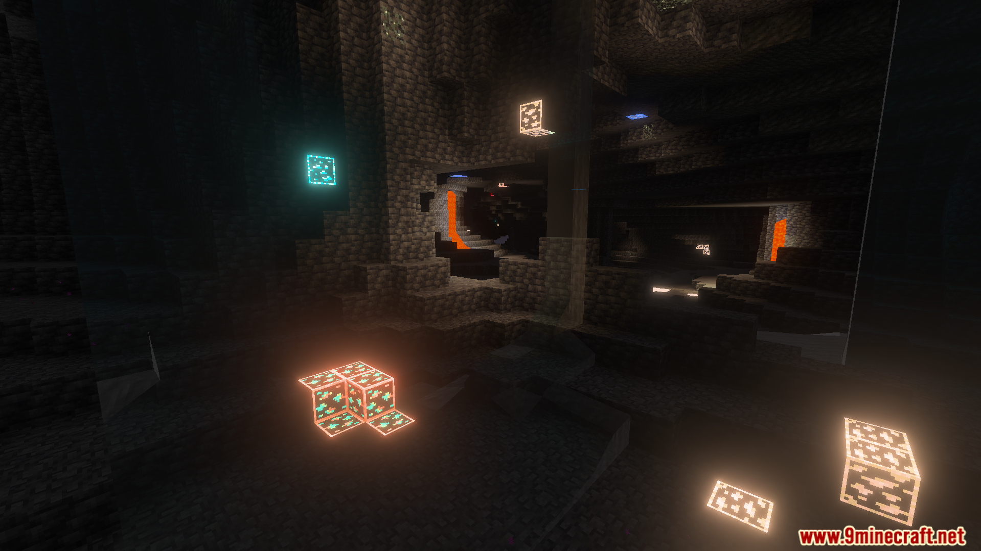 EuphrosyneLights Glowing Ores Texture Pack Screenshot 7 Glowing diamond ores illuminating a dark cave floor