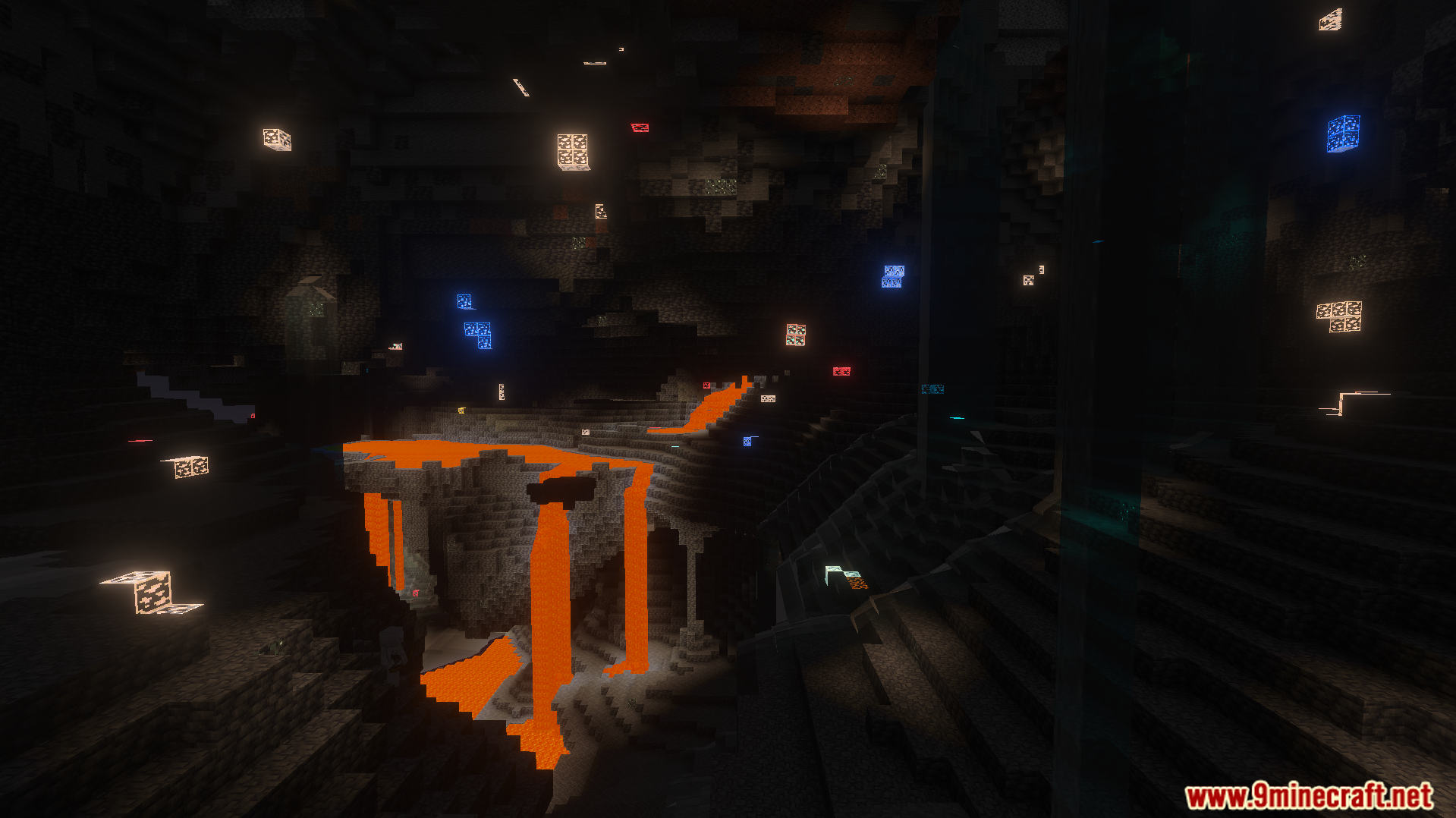 EuphrosyneLights Glowing Ores Texture Pack Screenshot 8 Lava falls and glowing ores in a deep cavern