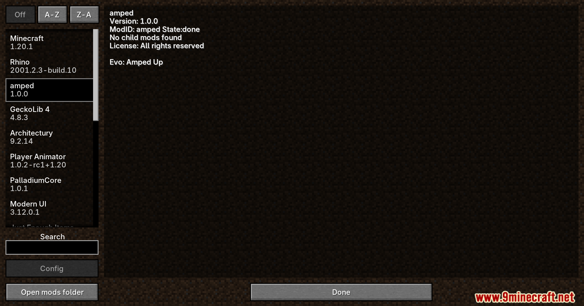 Evo Amped Up Mod Screenshot 1 A player views the mod list menu showing installed mods