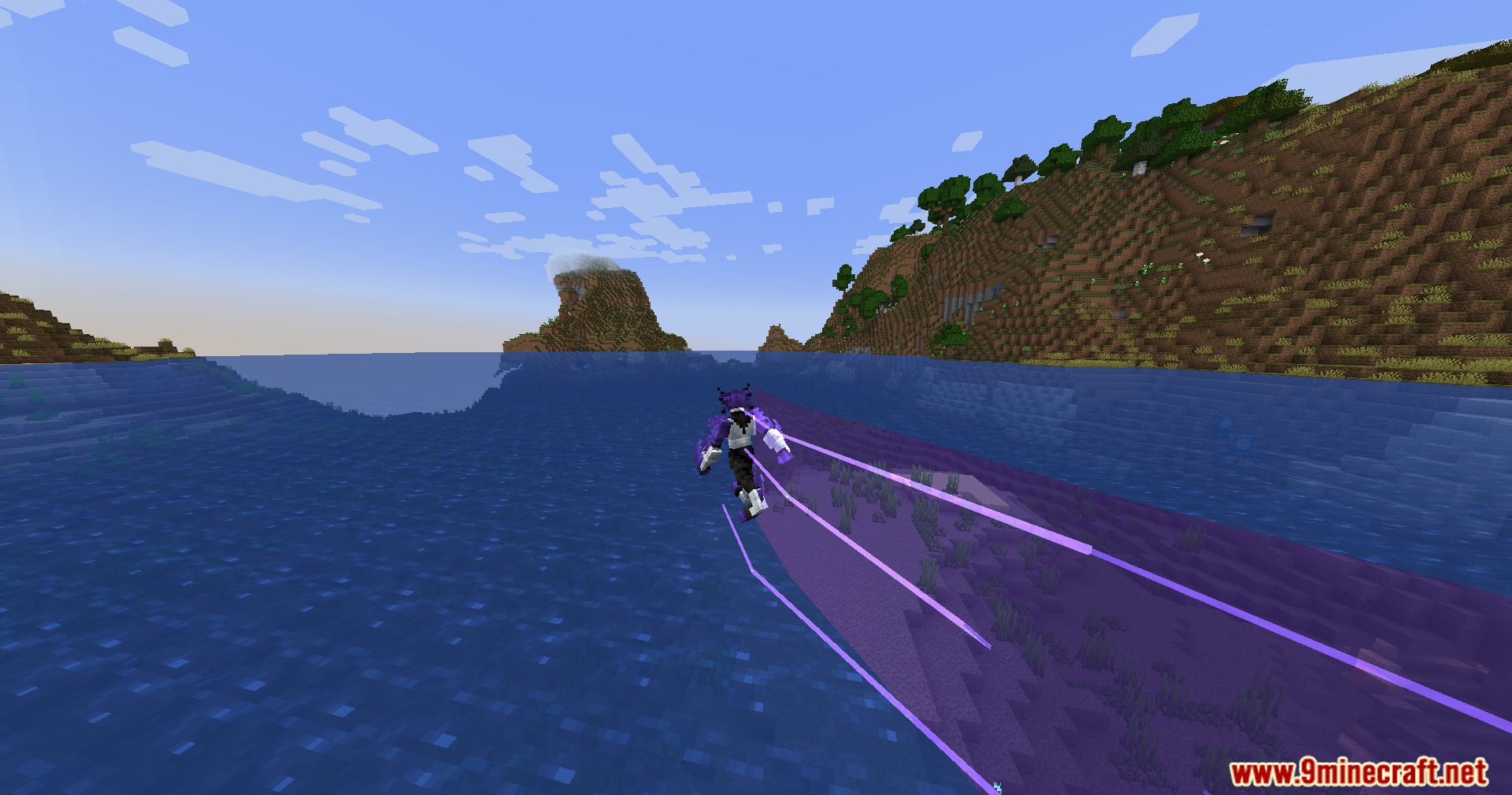 Evo Amped Up Mod Screenshot 10 Character speeding across the ocean surface with purple energy lines