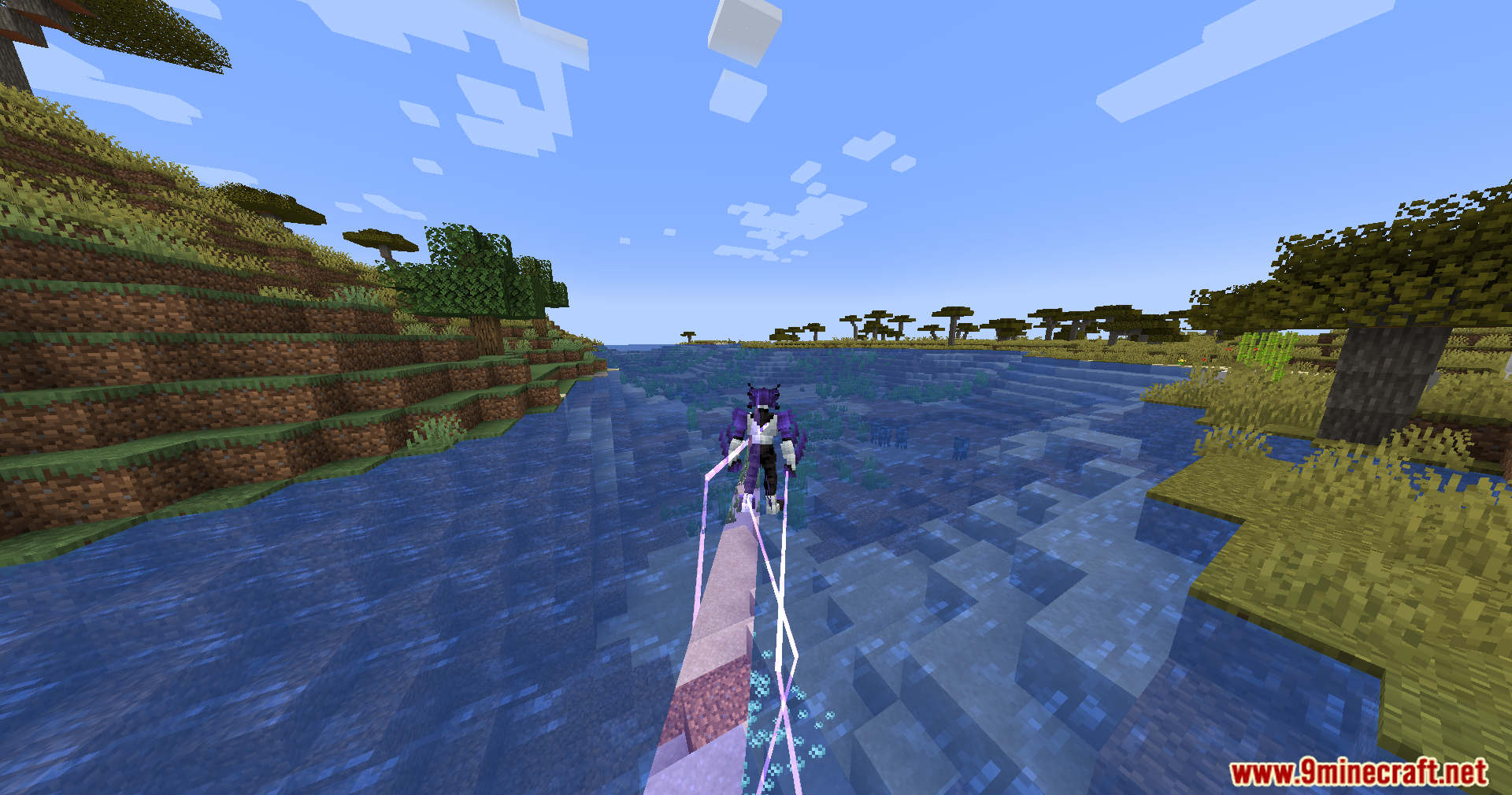 Evo Amped Up Mod Screenshot 12 Player character sprinting across a river using super speed in a savanna