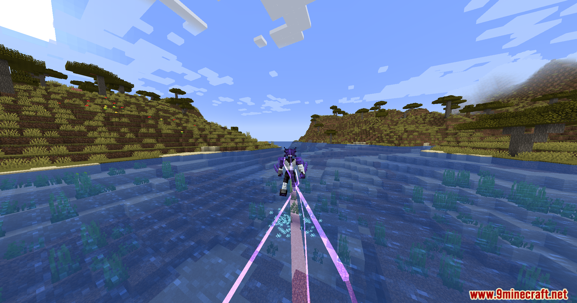 Evo Amped Up Mod Screenshot 13 Player in alien form hovering above water shooting purple energy beams