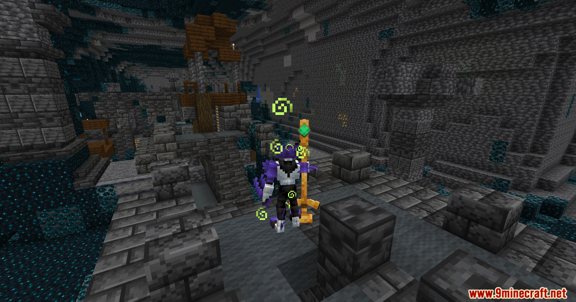 Evo Amped Up Mod Screenshot 2 A player character stands in an ancient city holding a staff