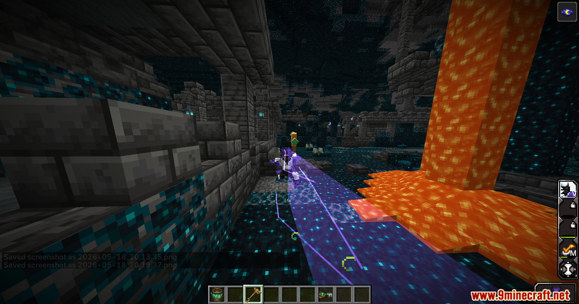 Evo Amped Up Mod Screenshot 3 Player character using a purple energy dash ability near lava in ancient city