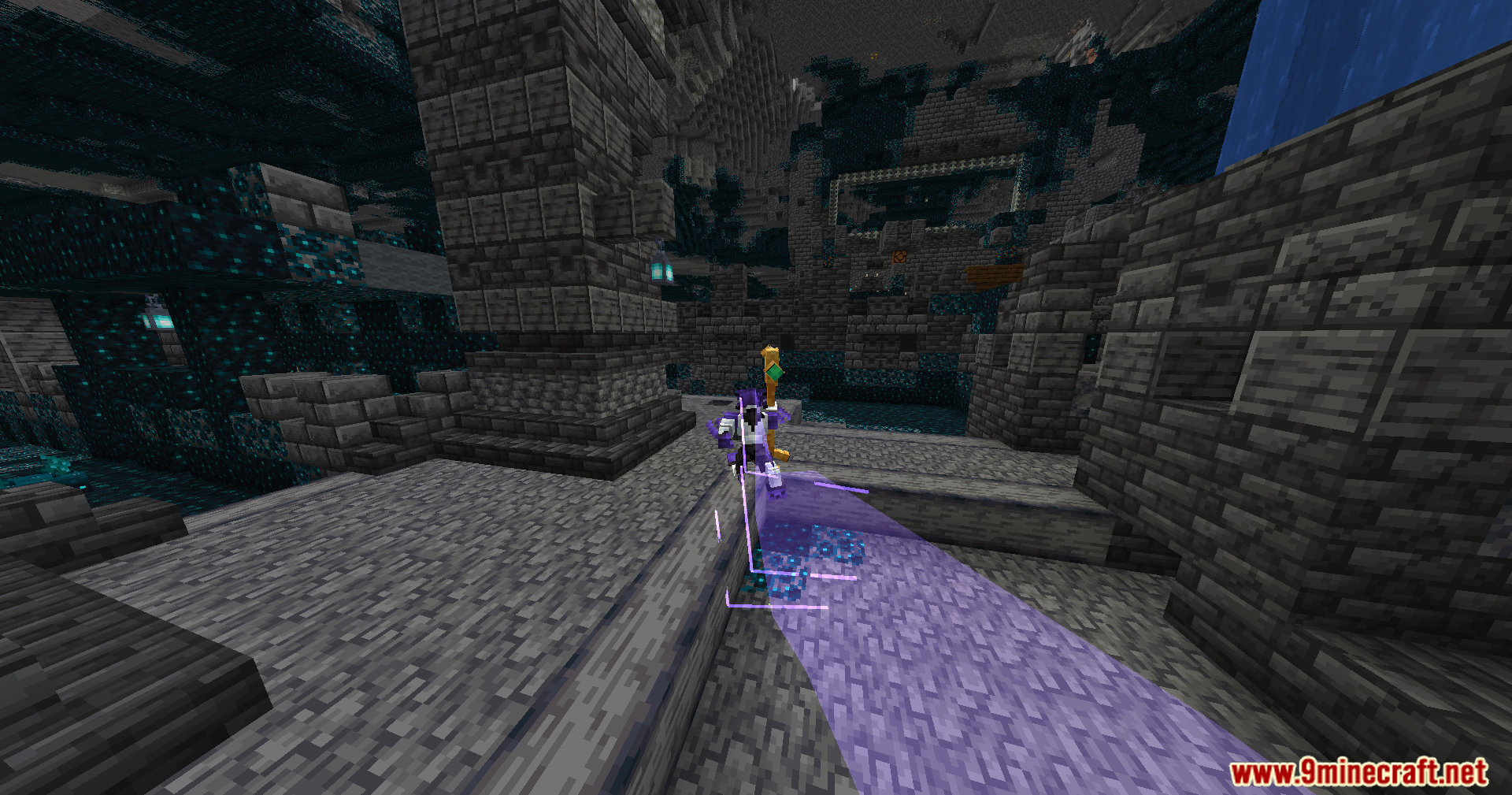 Evo Amped Up Mod Screenshot 4 Player leaving a purple energy trail while exploring an ancient city biome