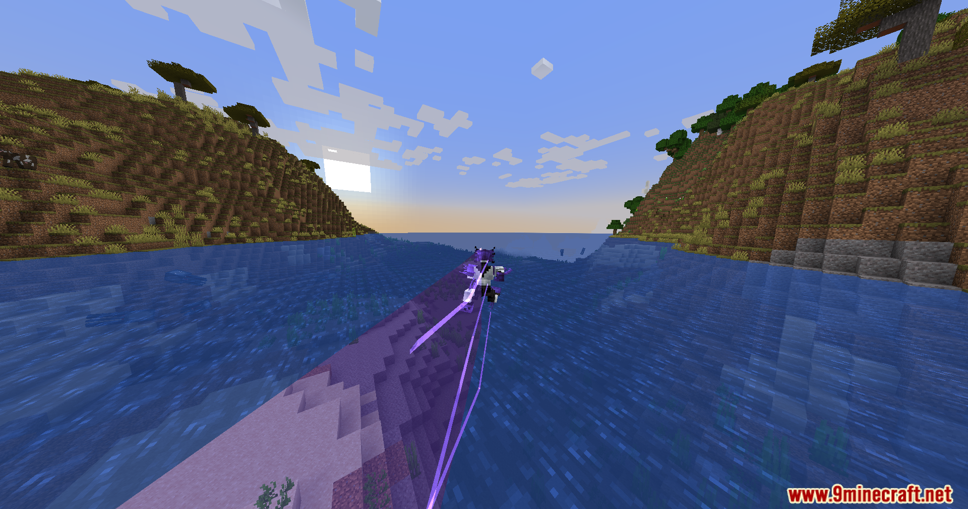 Evo Amped Up Mod Screenshot 9 Player character flying rapidly over water leaving a purple trail