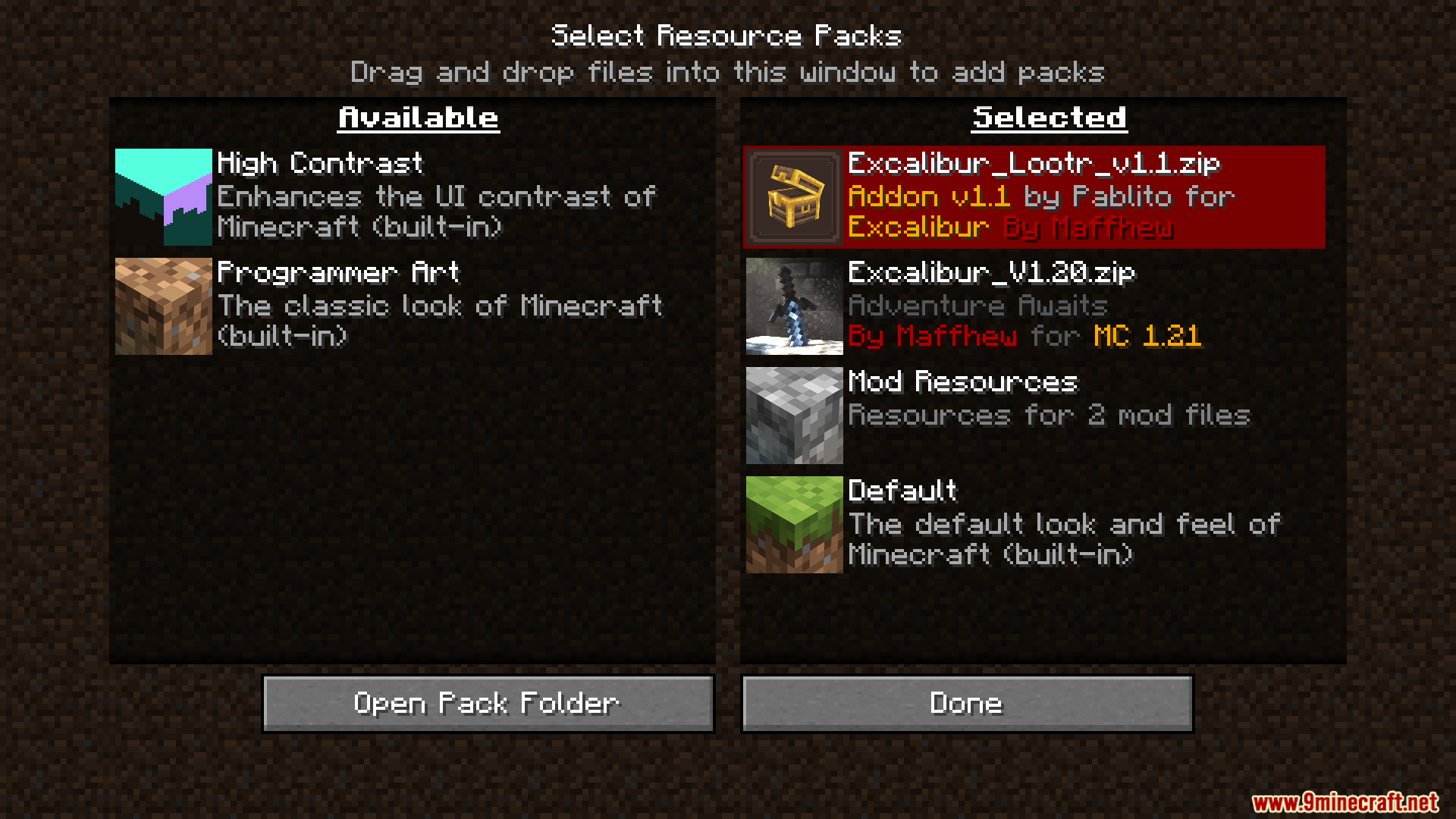 Minecraft resource pack selection menu showing Excalibur Lootr Support selected