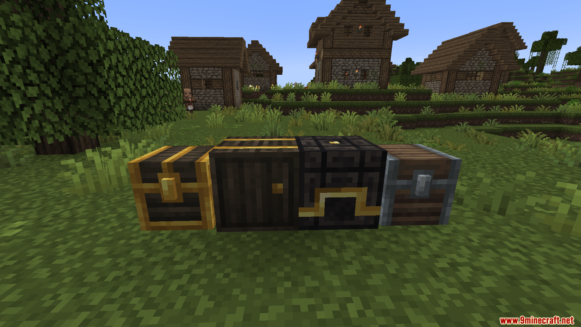 Row of custom textured chests and barrels in a village setting