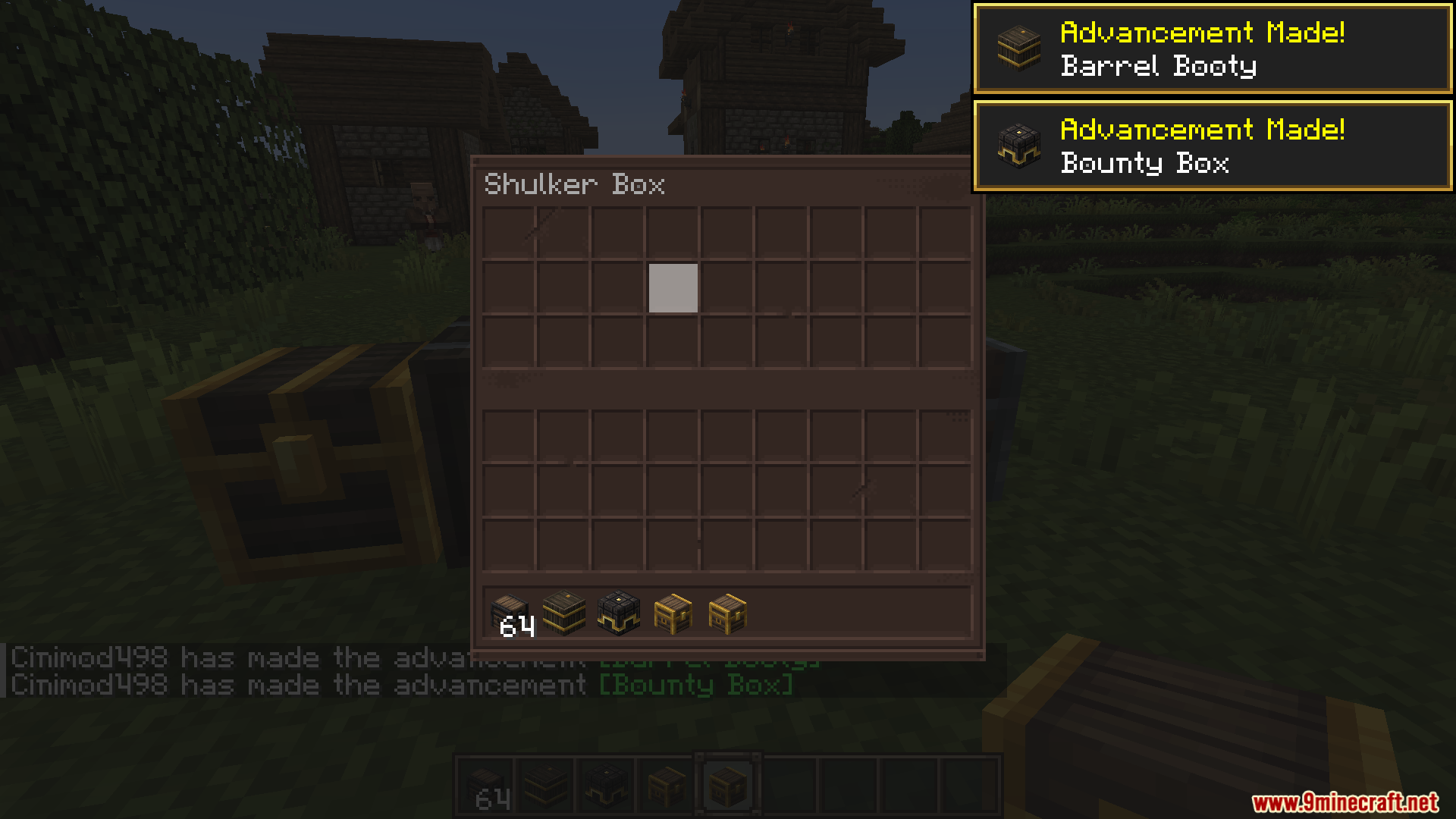 Player opening a custom shulker box inventory with new advancements displayed