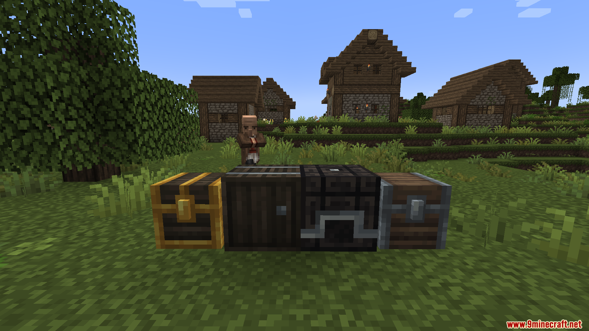 Row of custom textured chests and barrels displayed in a village