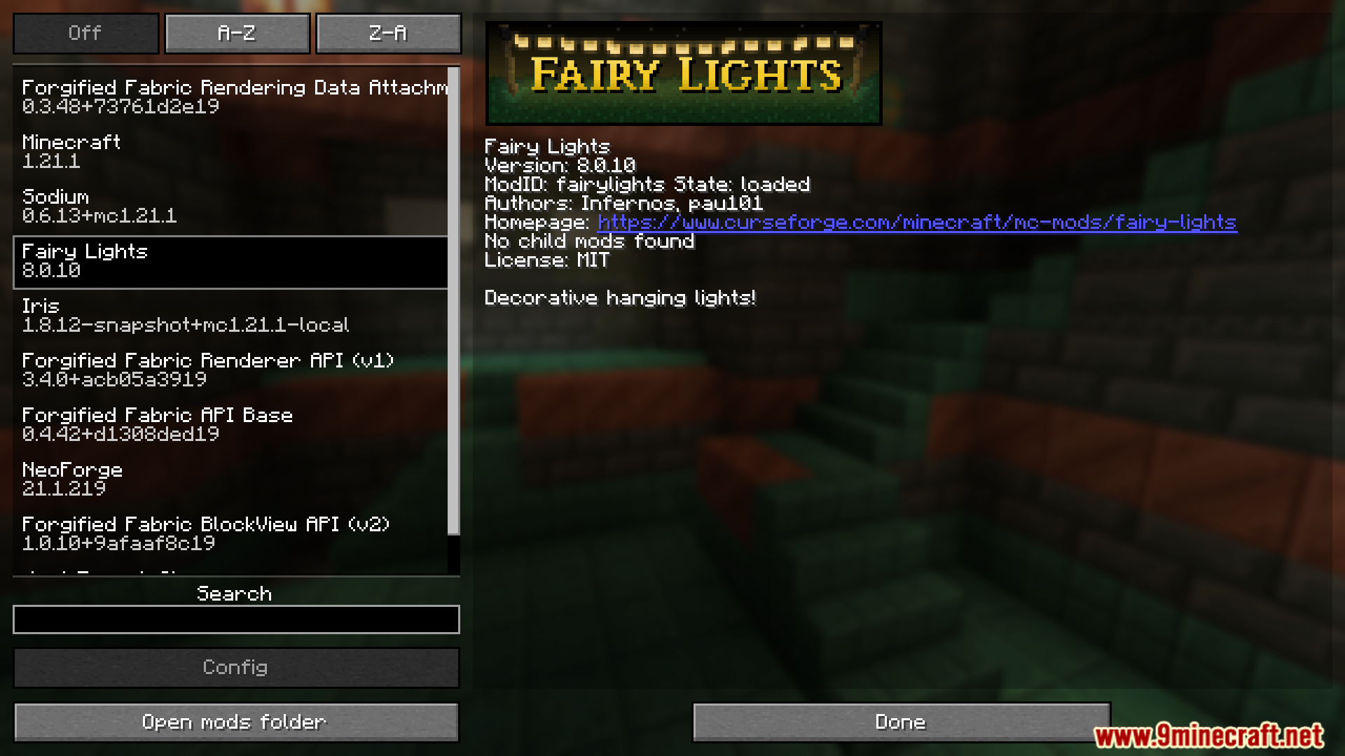 Fairy Lights mod information screen in Minecraft