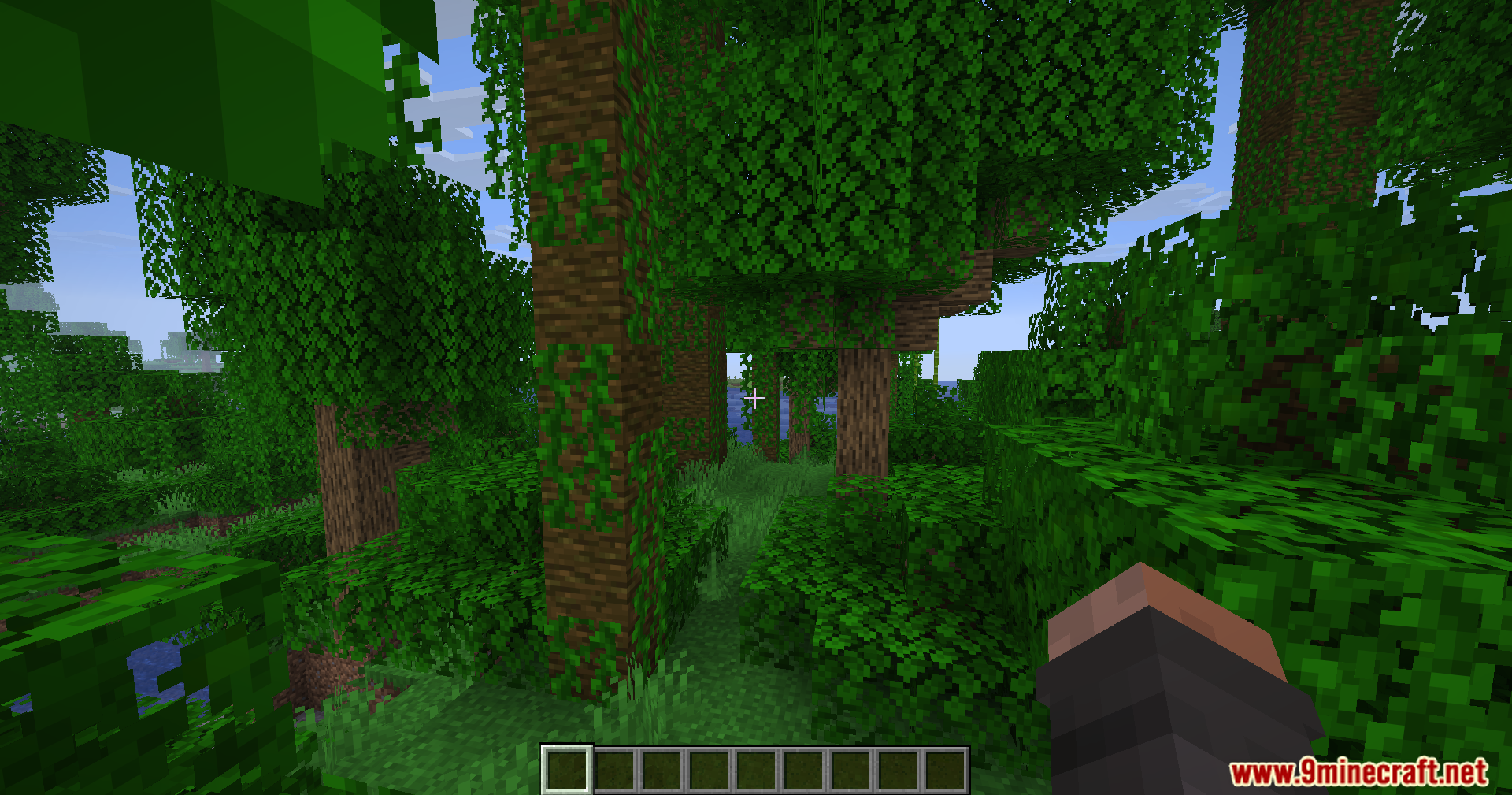 Fake Fabric Loader Mod Screenshot 4 First person perspective walking through a thick Minecraft jungle with vines and leaves