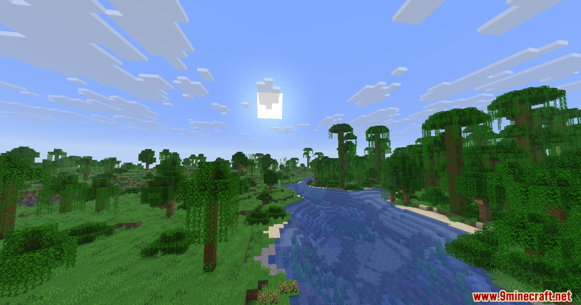 Fake Fabric Loader Mod Screenshot 6 A wide river flowing through a lush Minecraft jungle biome under bright sunlight