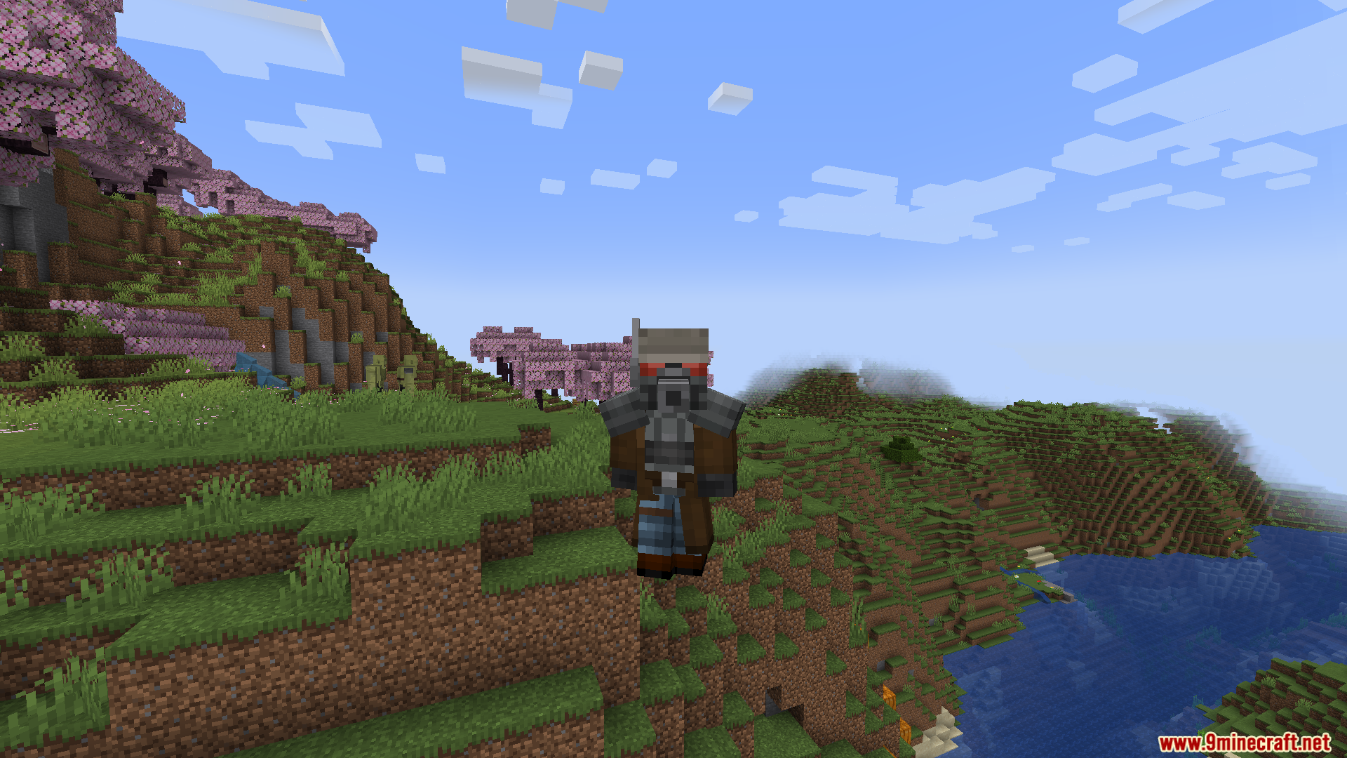 Player wearing NCR Ranger armor in a hilly biome