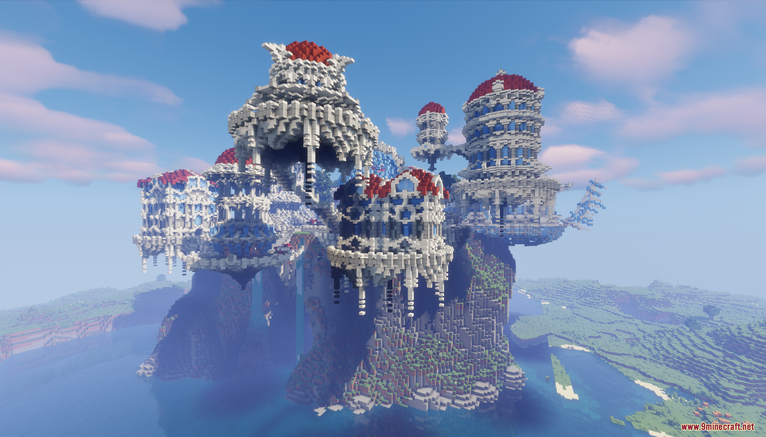 Fantasy Magic Castle Map Screenshot 10 Massive white quartz floating castle with red roofs above the ocean