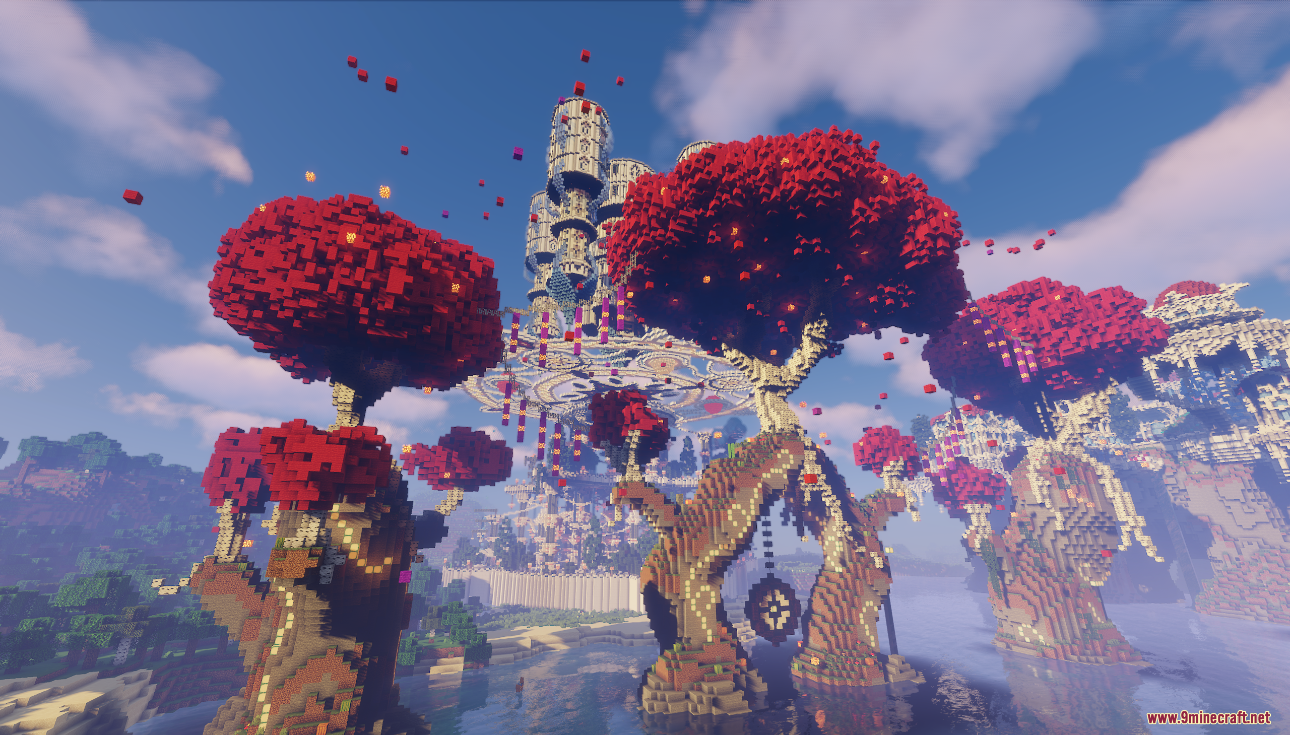 Fantasy Magic Castle Map Screenshot 9 Giant custom trees with red leaves in a fantasy Minecraft landscape