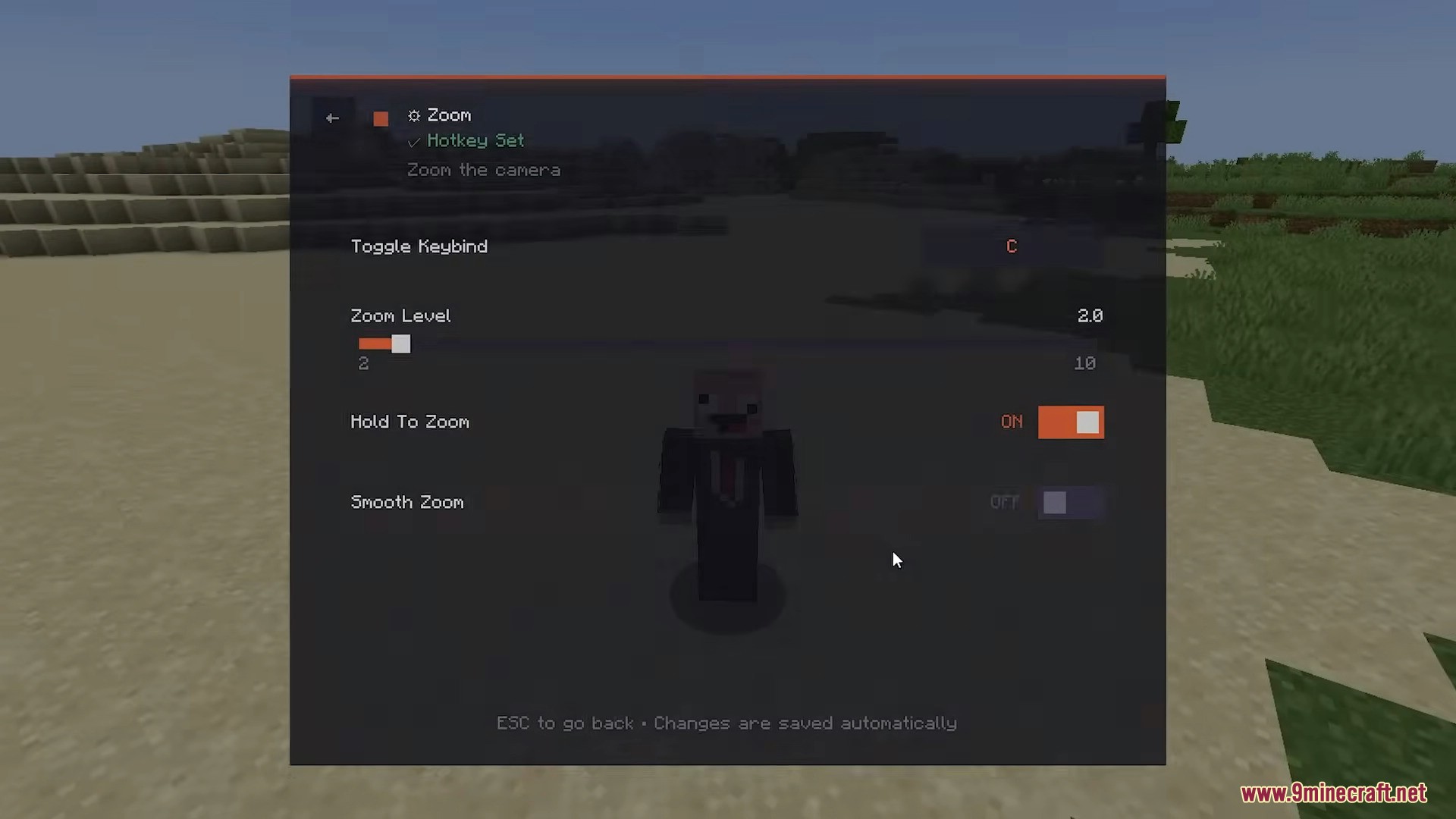 Configuring the client's built-in zoom feature, including keybinds and zoom level, through the settings menu