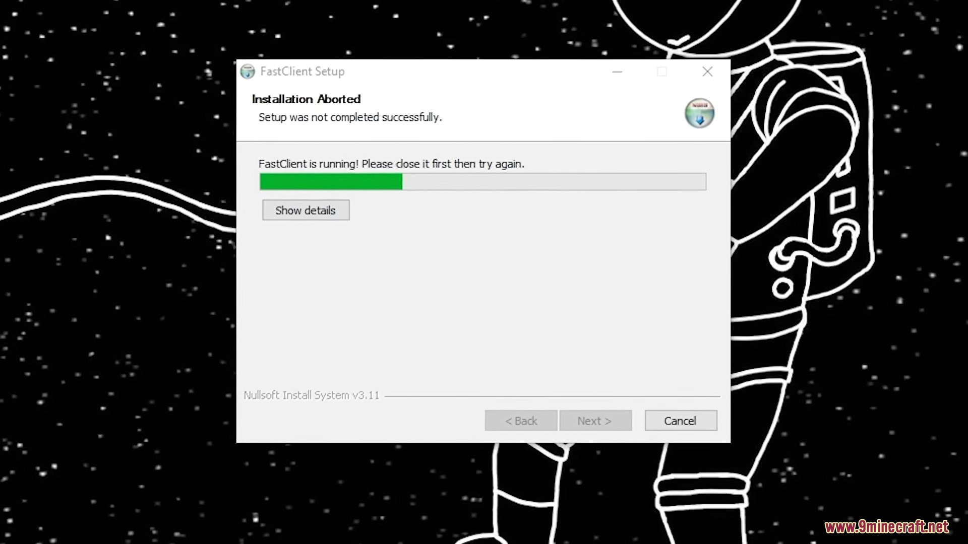 An installation error message, instructing the user to close the running application first