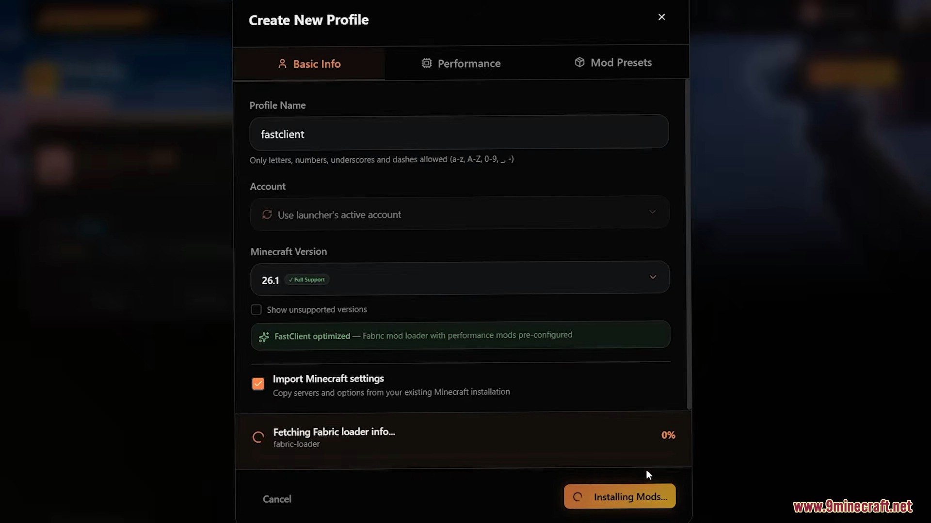 Creating a new profile with pre-configured performance mods for an optimized experience
