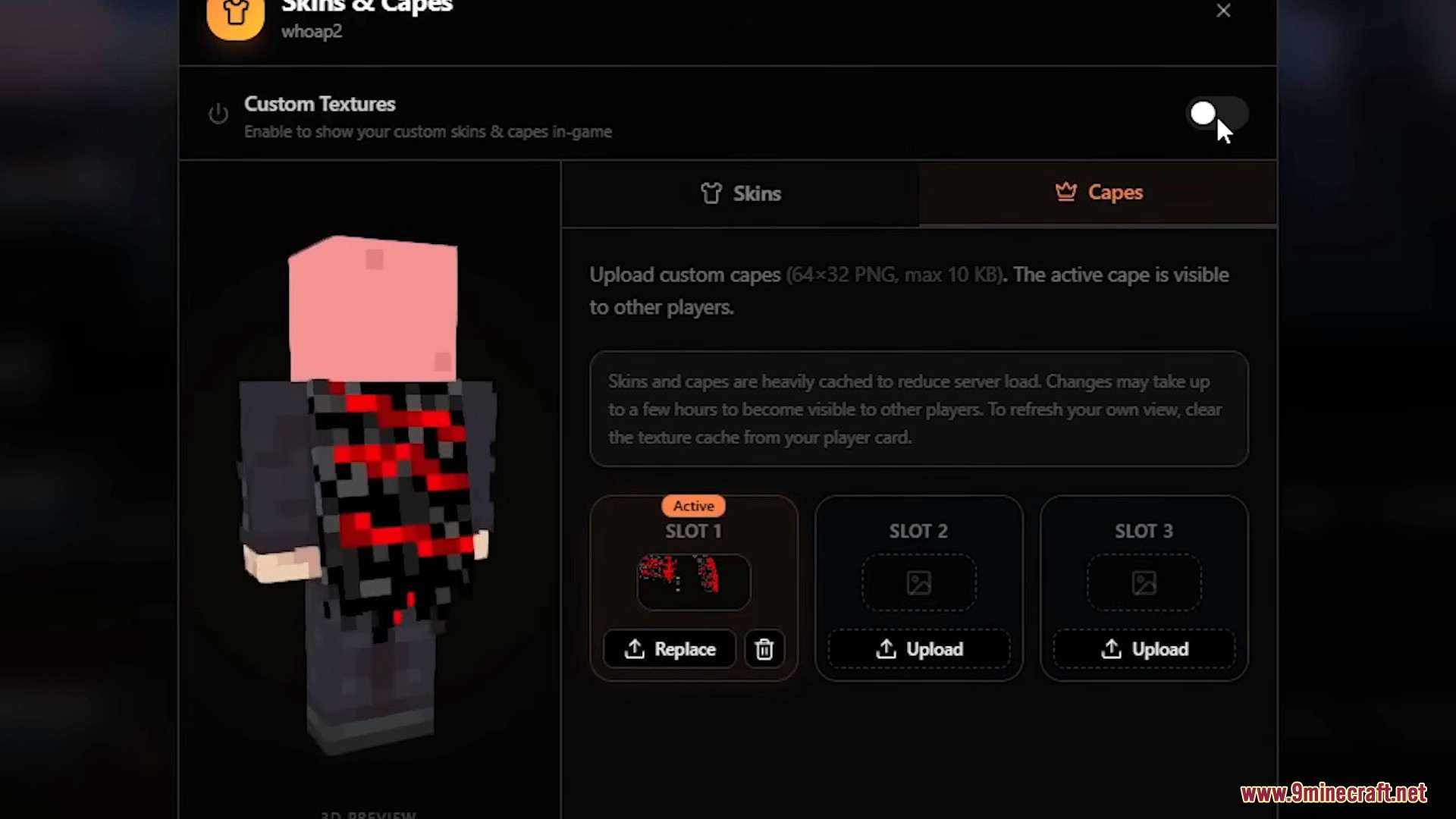 Easily manage and upload custom capes for your character through the client's built-in menu