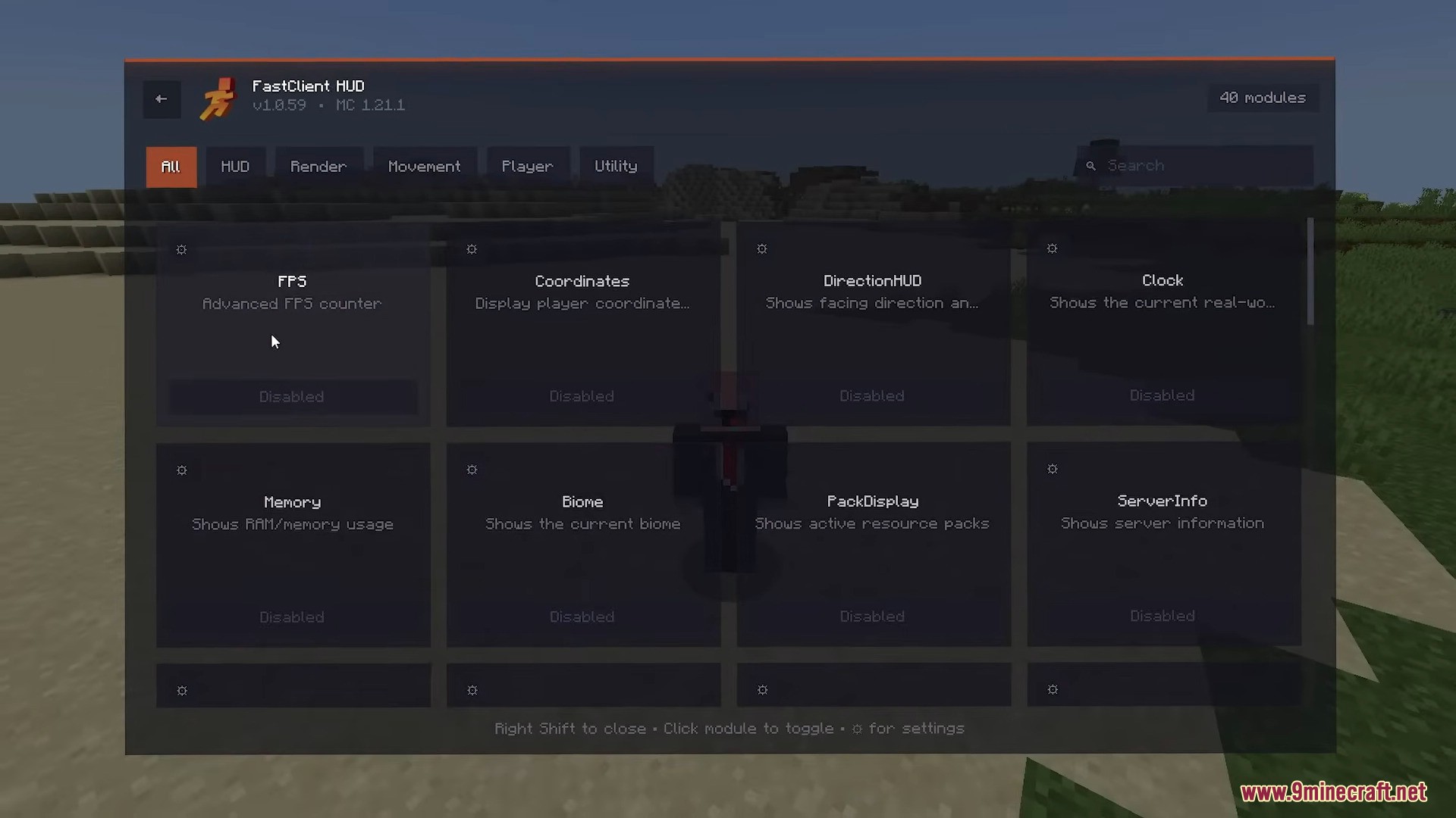 Customize your in-game display by enabling various HUD modules like FPS, coordinates, and more