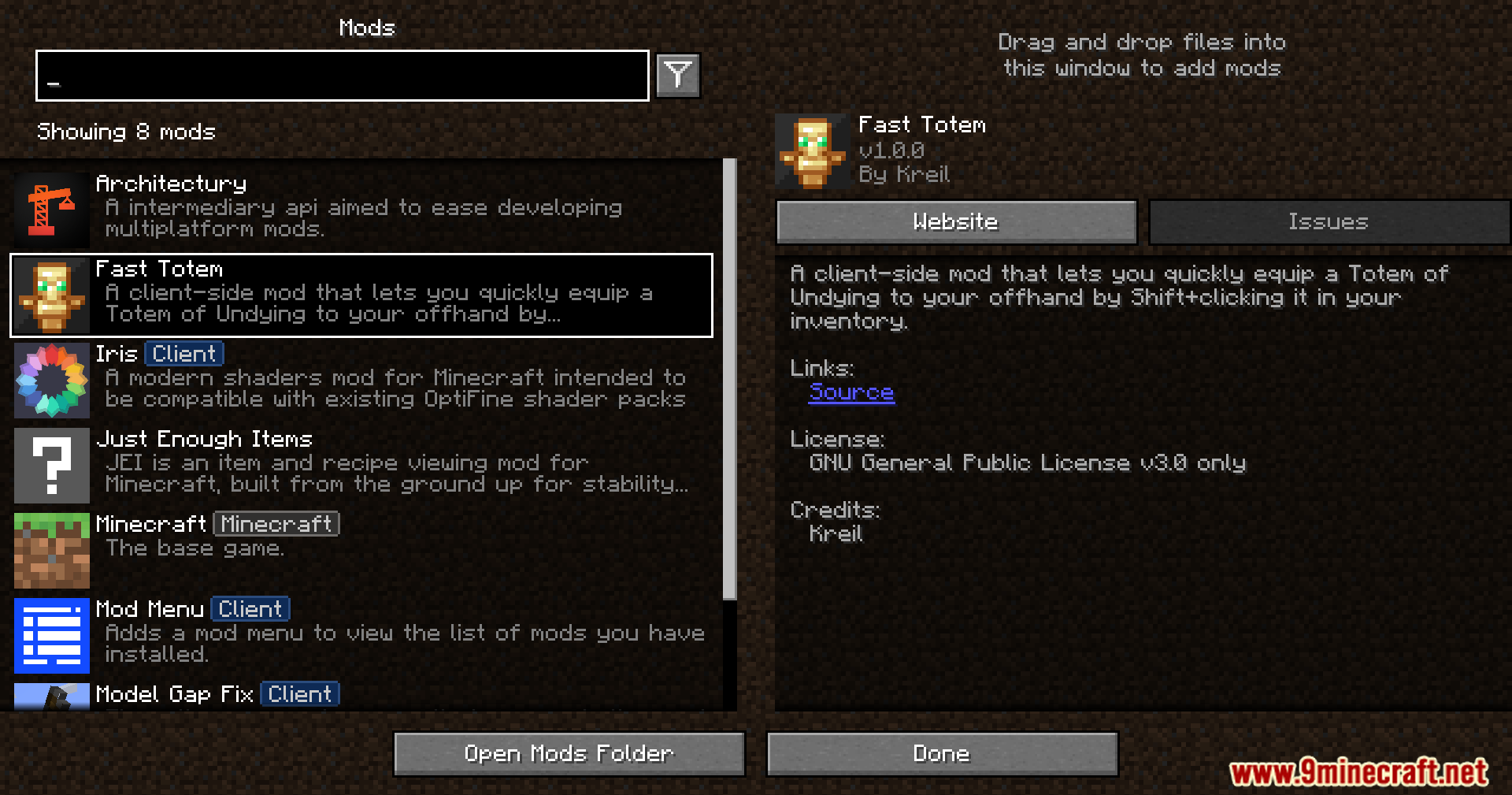 Player viewing the installed Fast Totem mod in the game menu