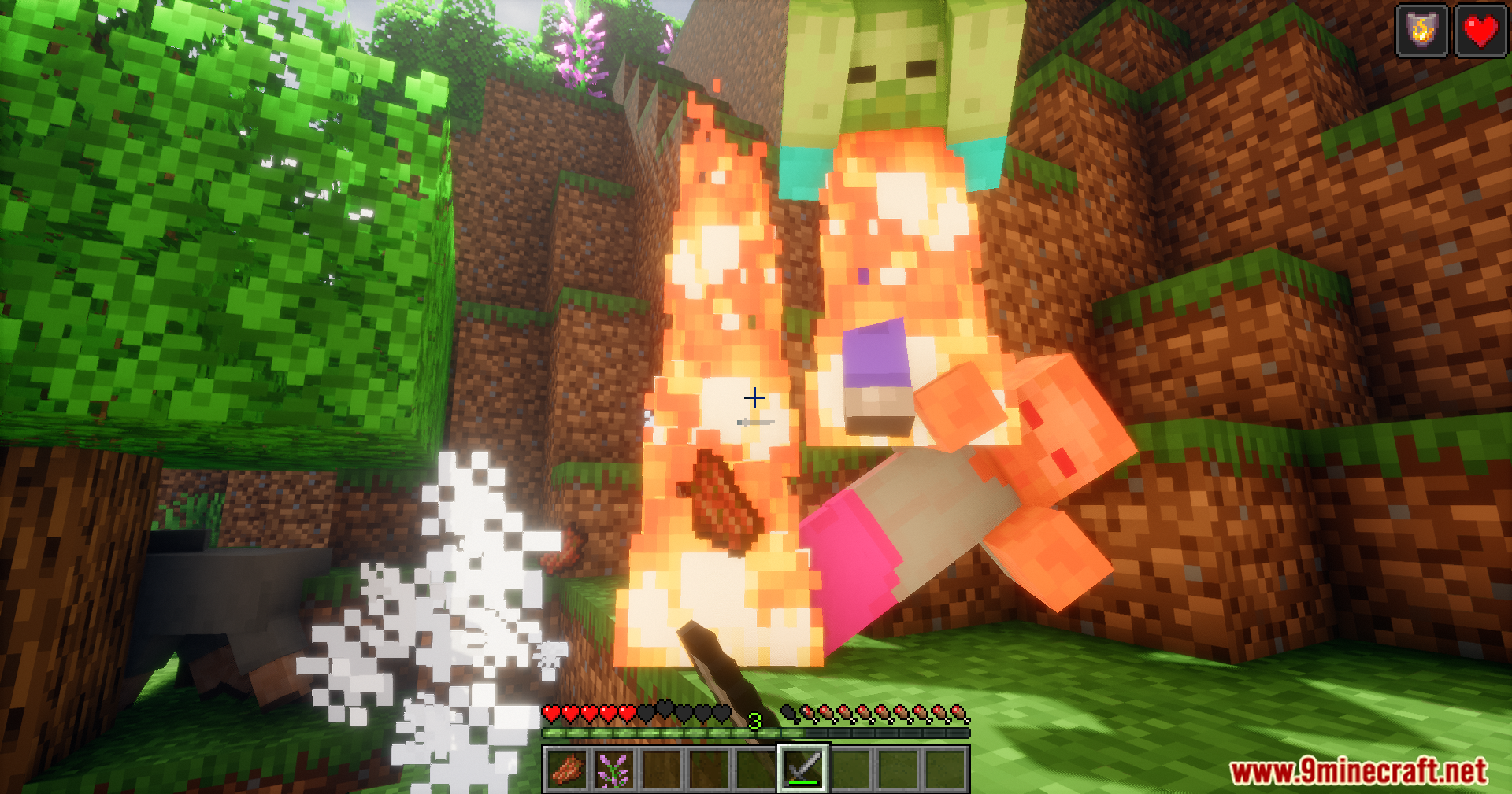 Player defeating a burning zombie that drops rotten flesh loot
