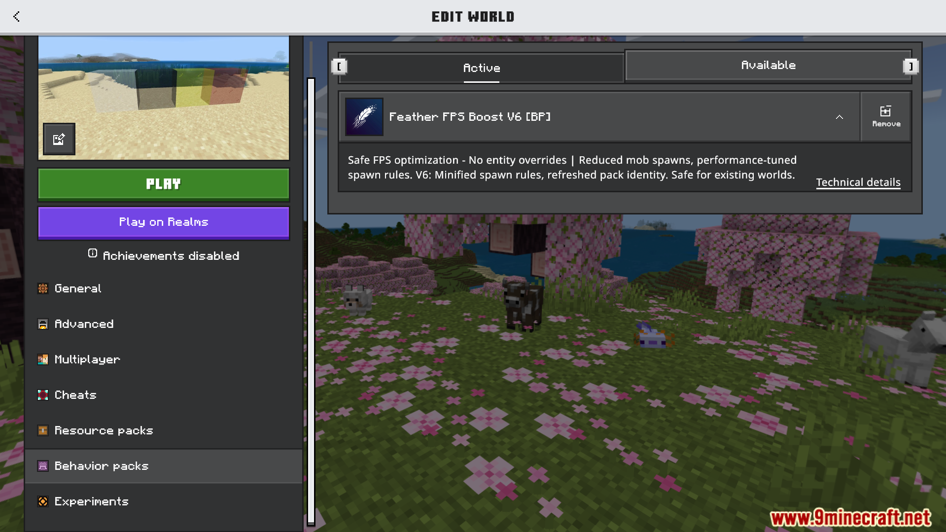 Feather FPS Boost Addon Screenshot 1 Minecraft Bedrock menu showing Feather FPS Boost behavior pack active