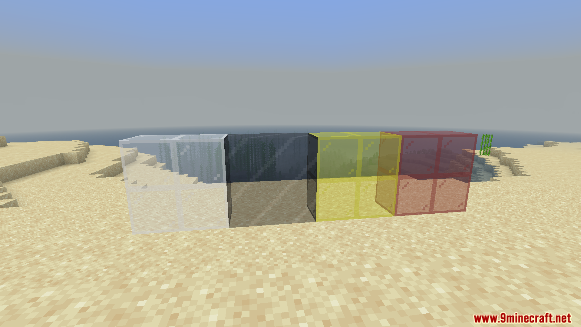 Feather FPS Boost Addon Screenshot 2 Colored glass blocks placed on sand in Minecraft Bedrock