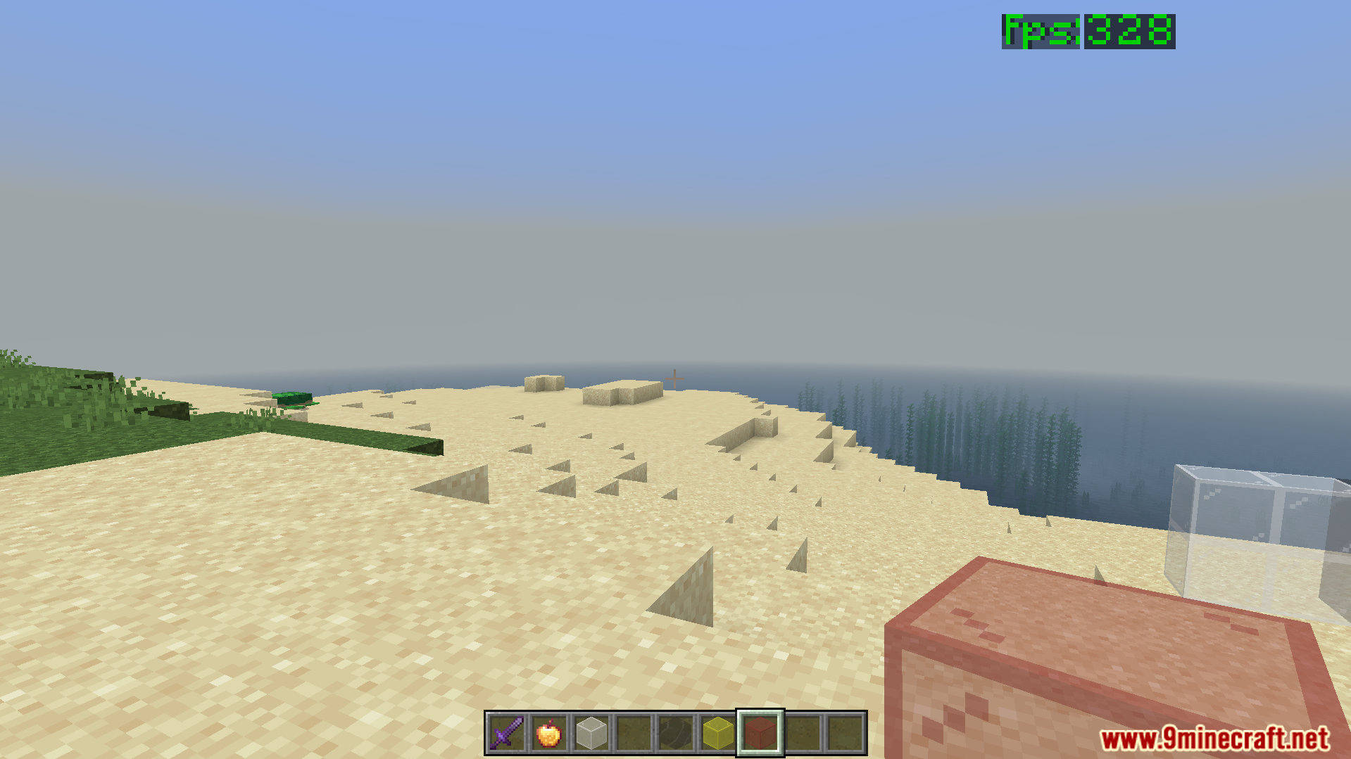 Feather FPS Boost Addon Screenshot 3 high fps counter shown on screen while looking at a sandy beach landscape