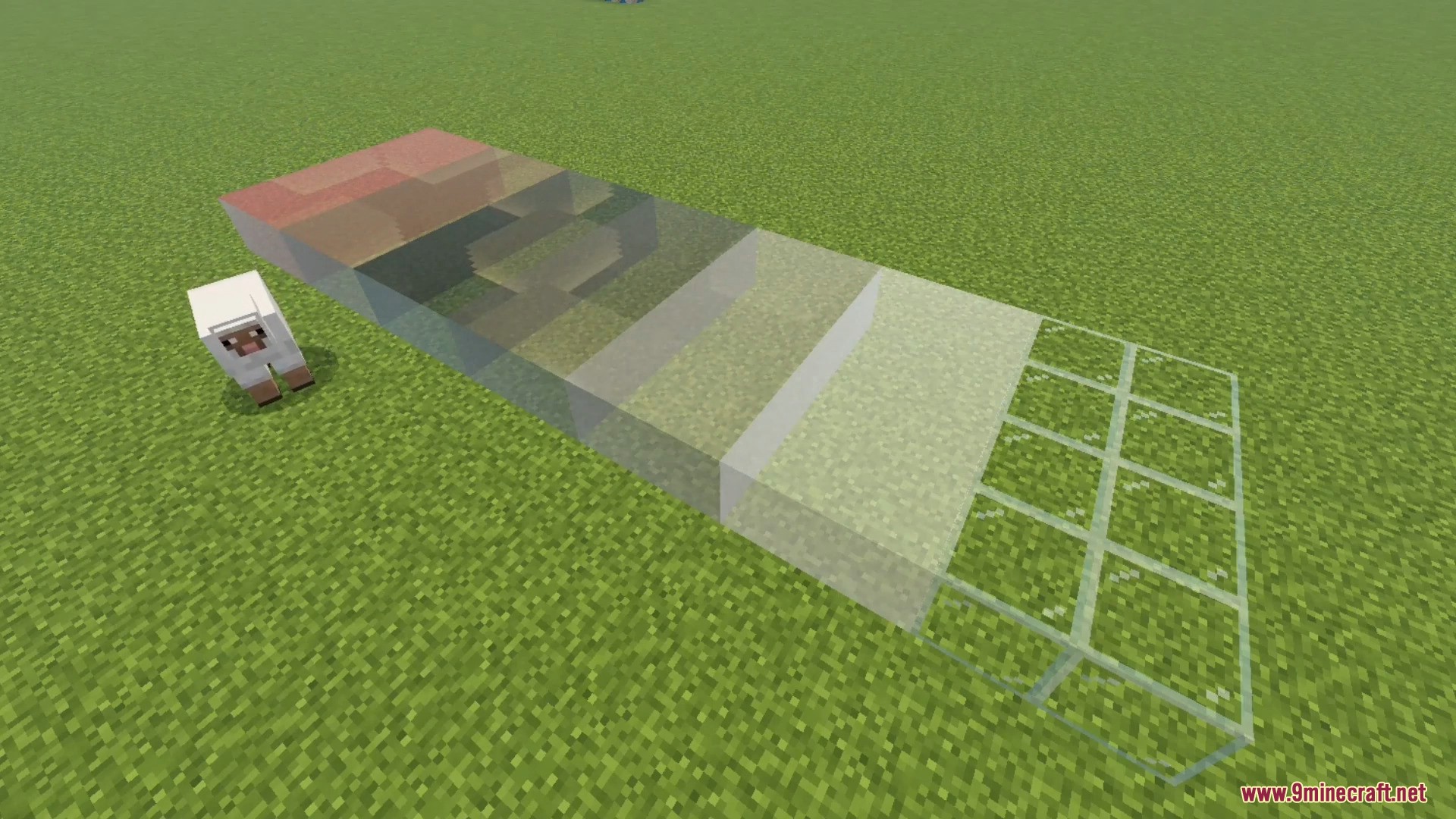FirmamentCraft 5.0 Shader Screenshot 10 Various glass blocks displaying different transparency levels on grass next to a sheep