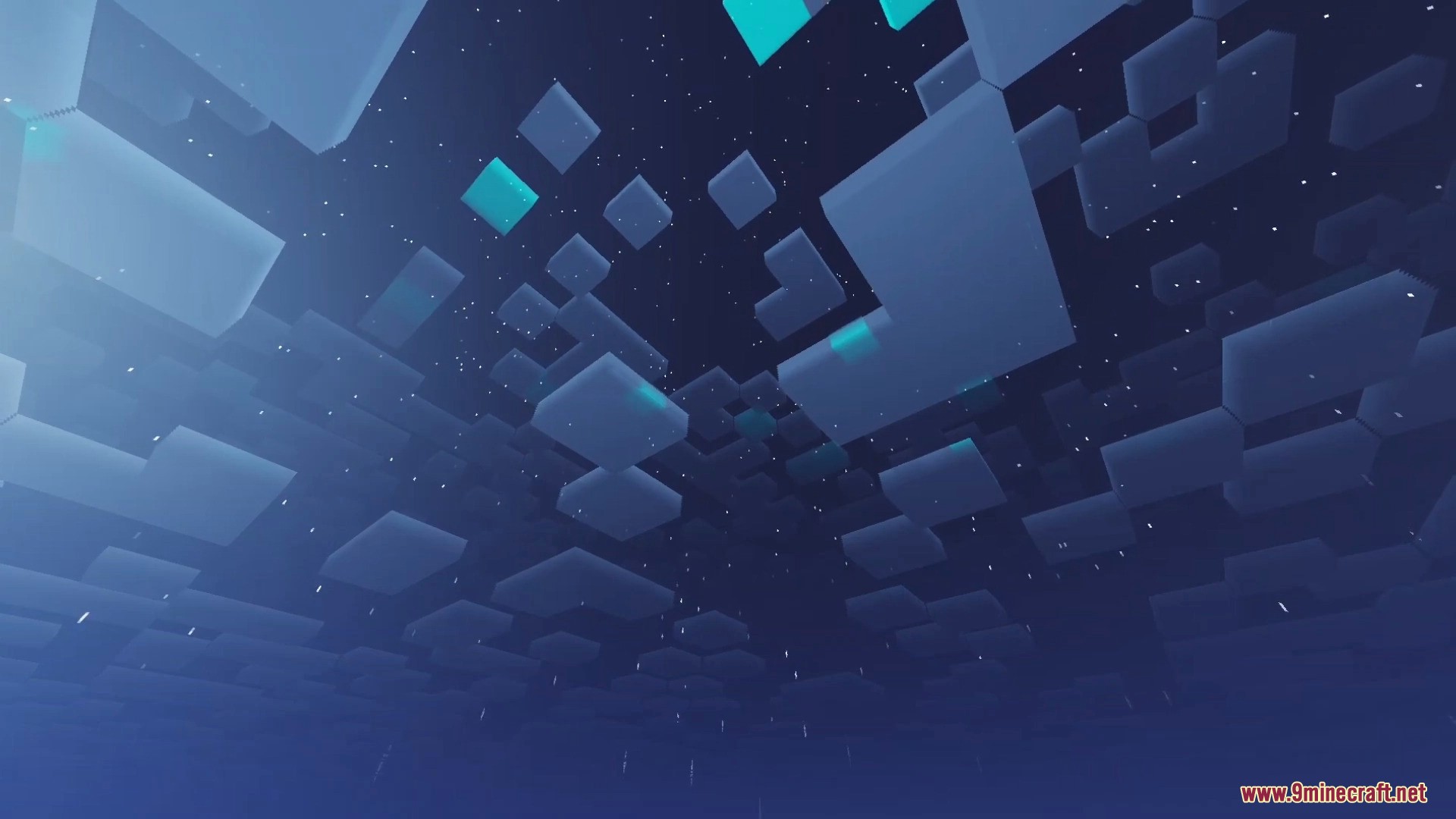 FirmamentCraft 5.0 Shader Screenshot 14 Looking up at a starry Minecraft night sky with glowing blue blocky clouds