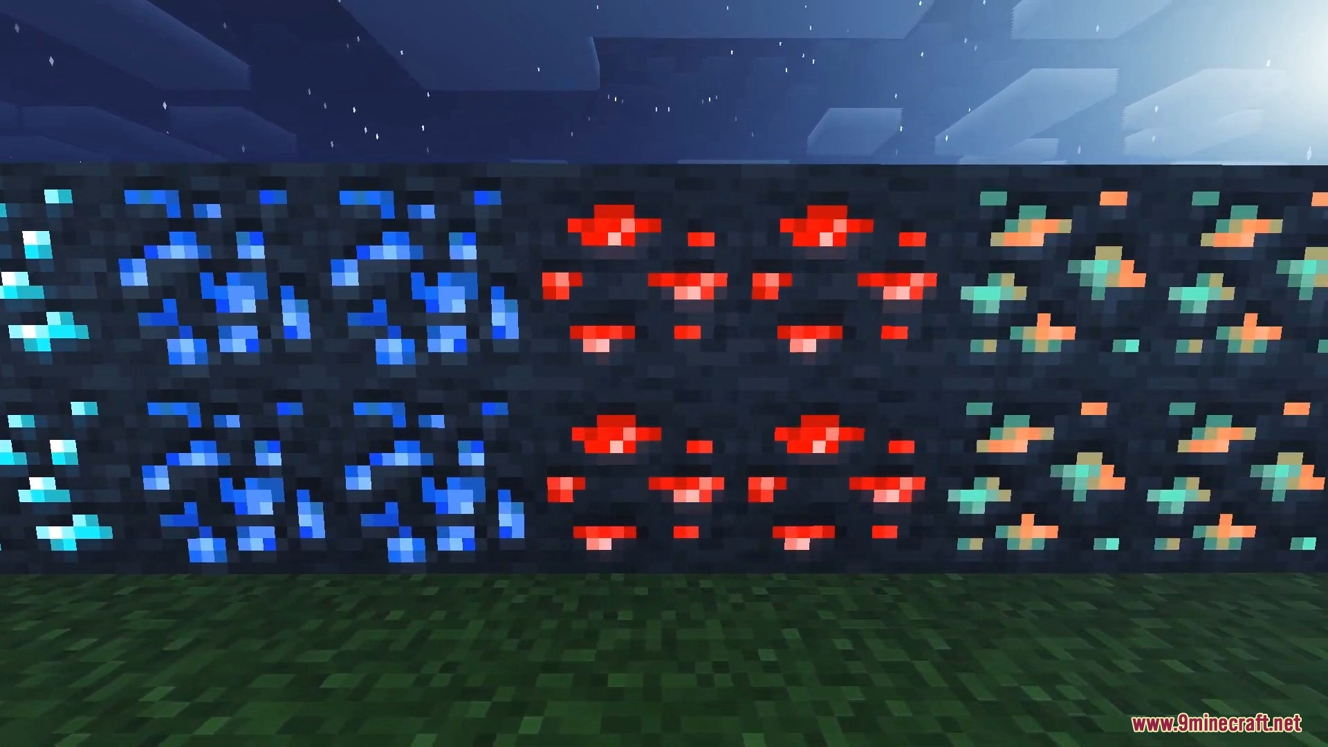 FirmamentCraft 5.0 Shader Screenshot 16 Various glowing ores like diamond and redstone placed on a dark wall