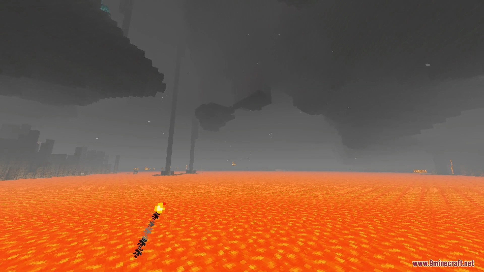 FirmamentCraft 5.0 Shader Screenshot 17 Vast lava lake in the Nether dimension with foggy atmosphere and a torch