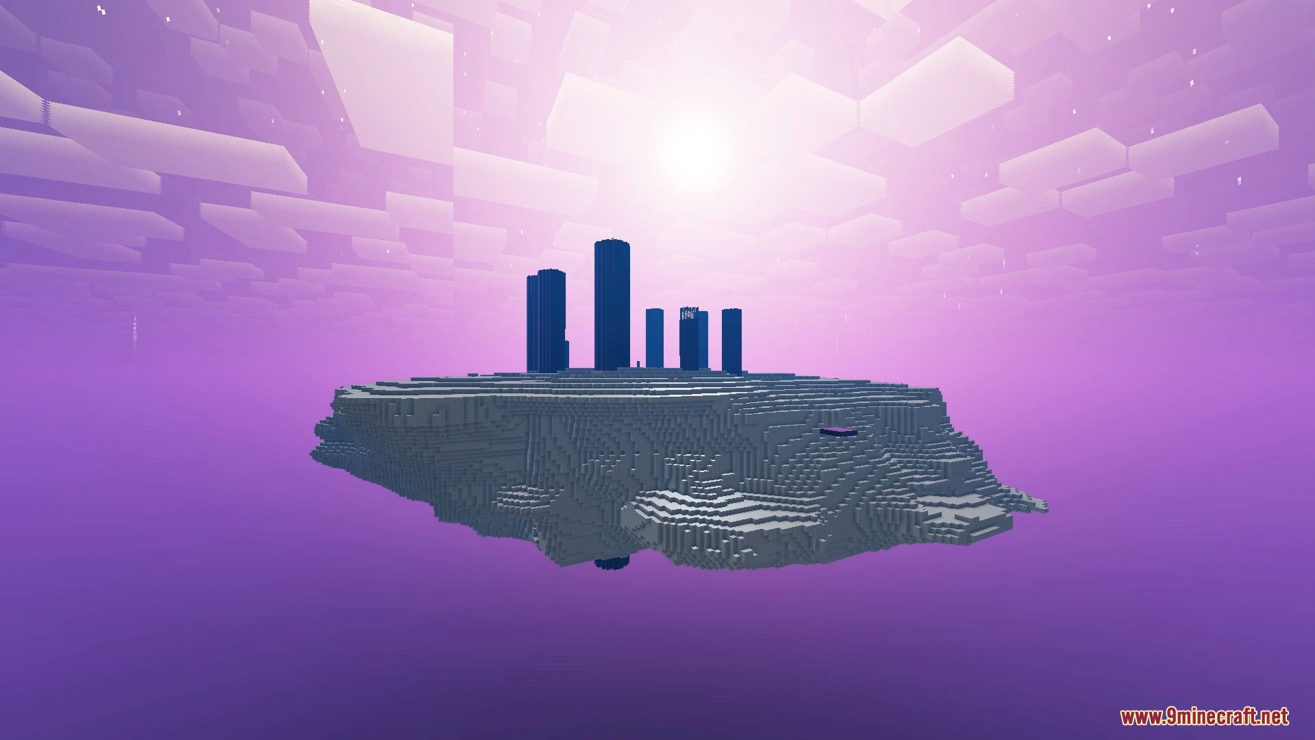 FirmamentCraft 5.0 Shader Screenshot 18 Floating End island with tall obsidian pillars and bright sun in purple sky