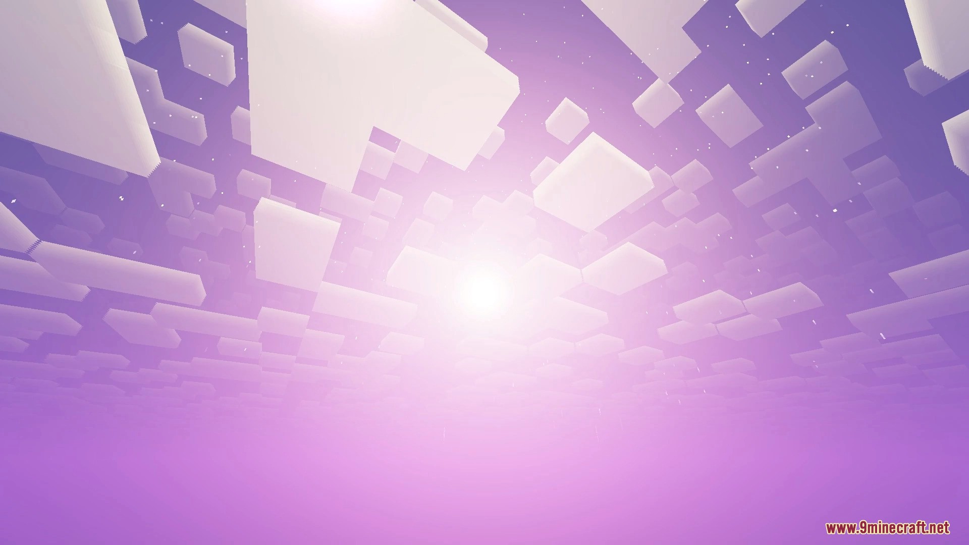 FirmamentCraft 5.0 Shader Screenshot 19 A bright sun shining through blocky white clouds in a purple Minecraft sky
