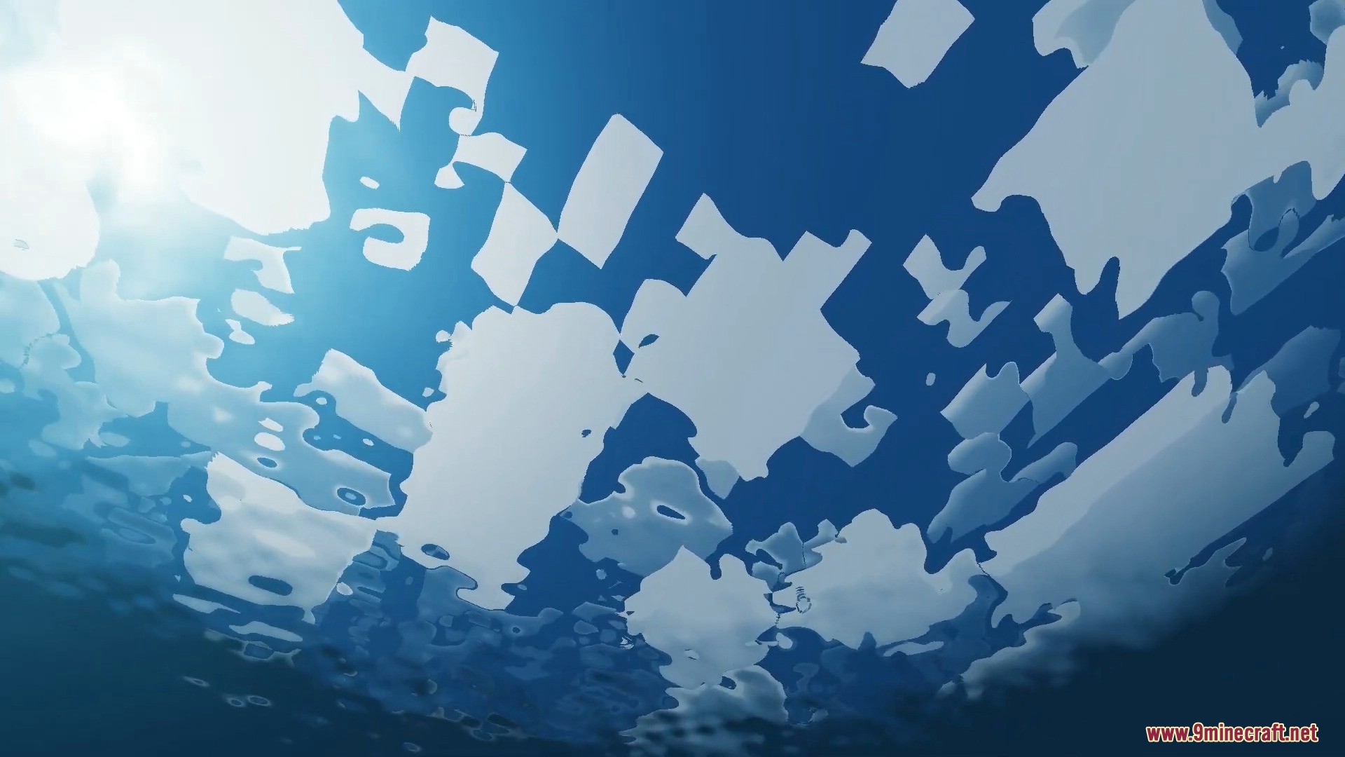 FirmamentCraft 5.0 Shader Screenshot 6 Underwater view looking up at realistic water ripples and clouds in the sky