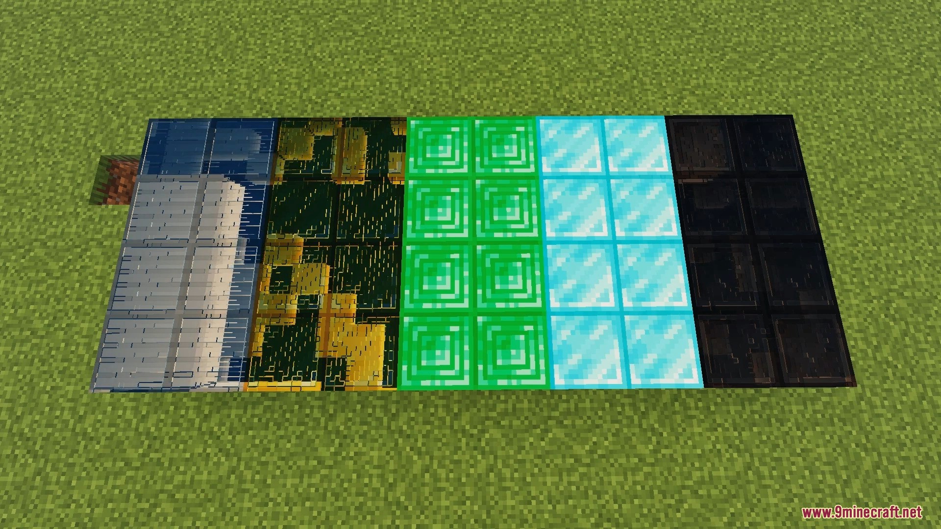 FirmamentCraft 5.0 Shader Screenshot 7 Reflective glass gold emerald and diamond blocks placed on grass