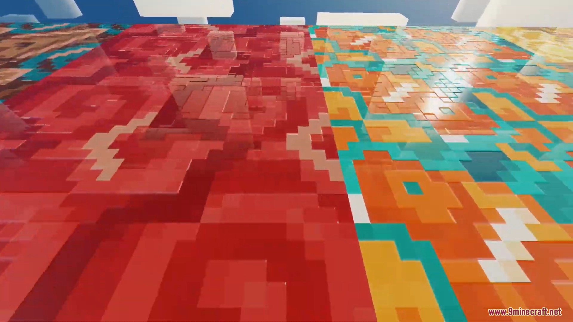 FirmamentCraft 5.0 Shader Screenshot 8 Glossy patterned blocks reflecting the sky in a close up view