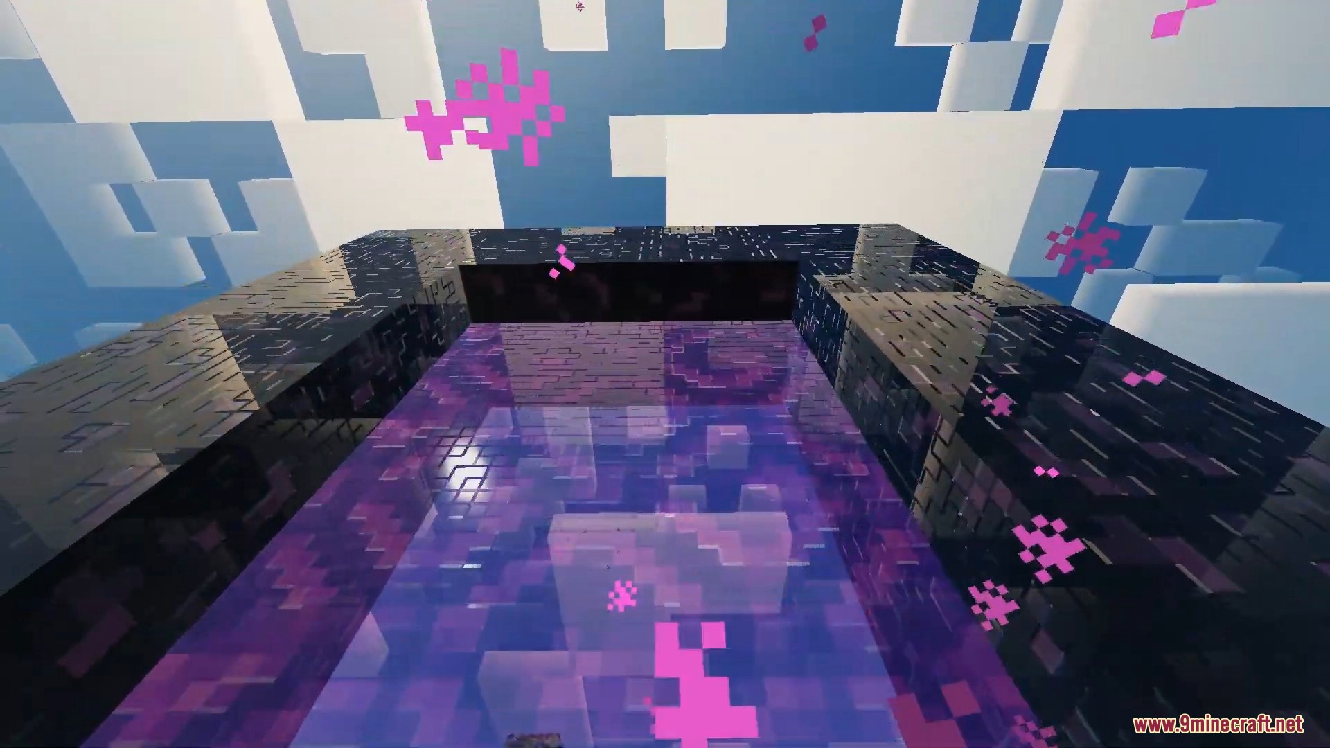 FirmamentCraft 5.0 Shader Screenshot 9 Glossy obsidian blocks forming a nether portal with reflective purple energy