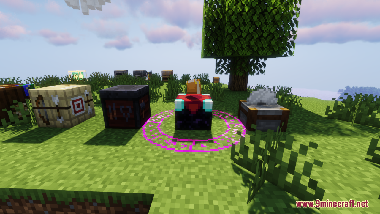 Fishy's Enchantment Table Resource Pack Screenshot 1 Enchanting table with a glowing purple magic circle underneath it on grass