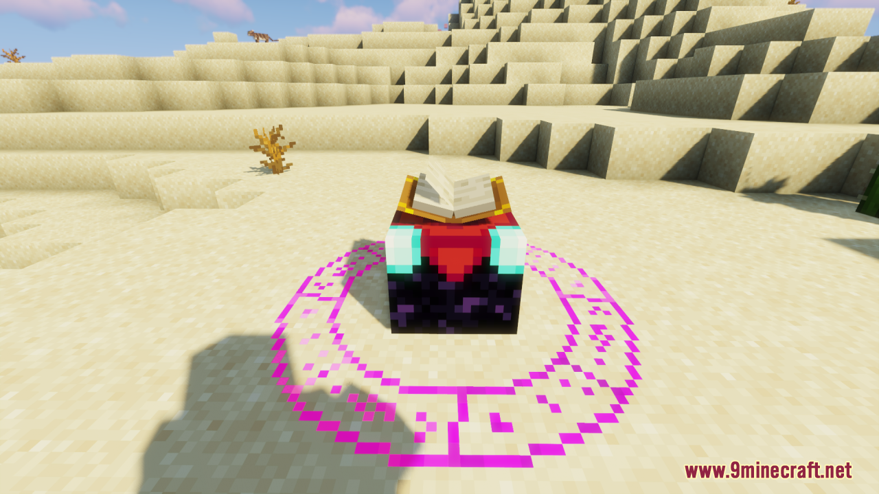 Fishy's Enchantment Table Resource Pack Screenshot 10 Close up of an open enchanting table with a glowing purple magic circle